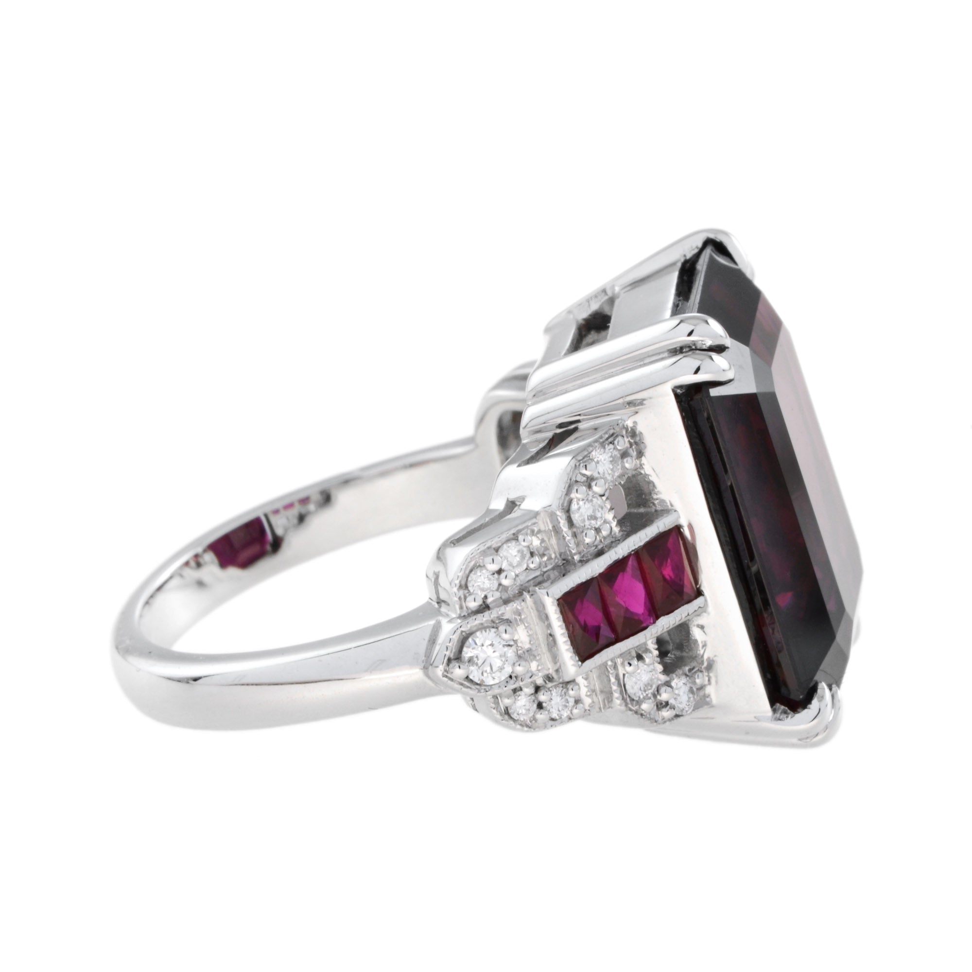Art Deco Style Octagon Dark Pink Rhodolite & Ruby Diamond 18K White Gold Ring