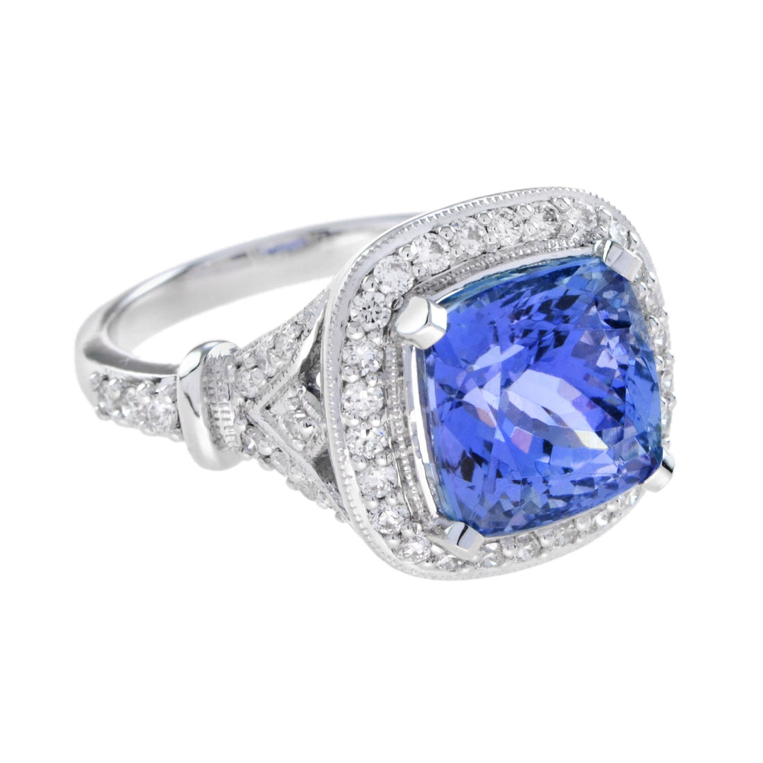 Cushion Shape Blue Violet Tanzanite & Diamond Halo Set 18K White Gold Ring