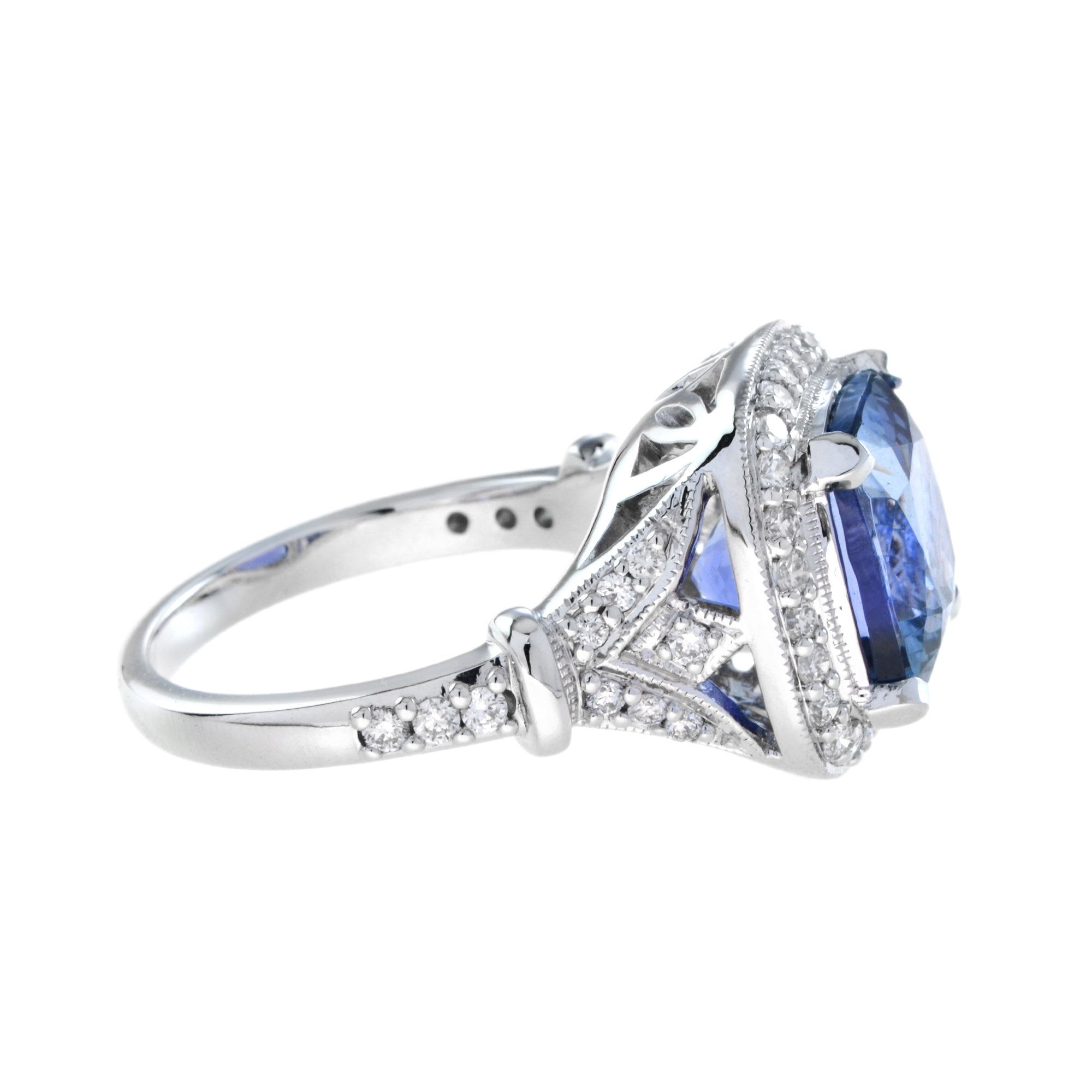 Cushion Shape Blue Violet Tanzanite & Diamond Halo Set 18K White Gold Ring