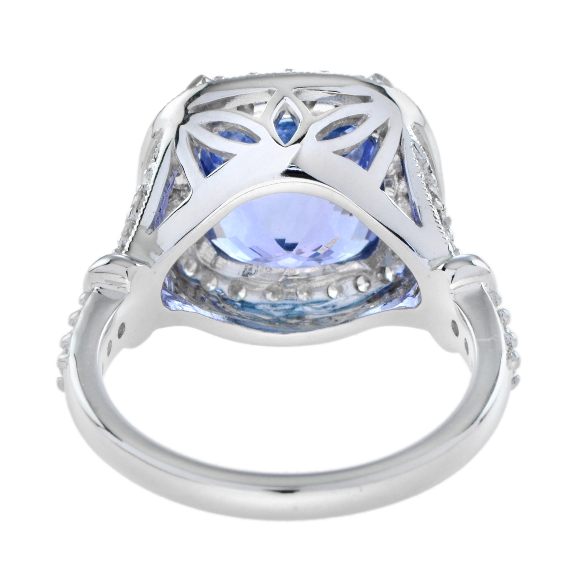 Cushion Shape Blue Violet Tanzanite & Diamond Halo Set 18K White Gold Ring