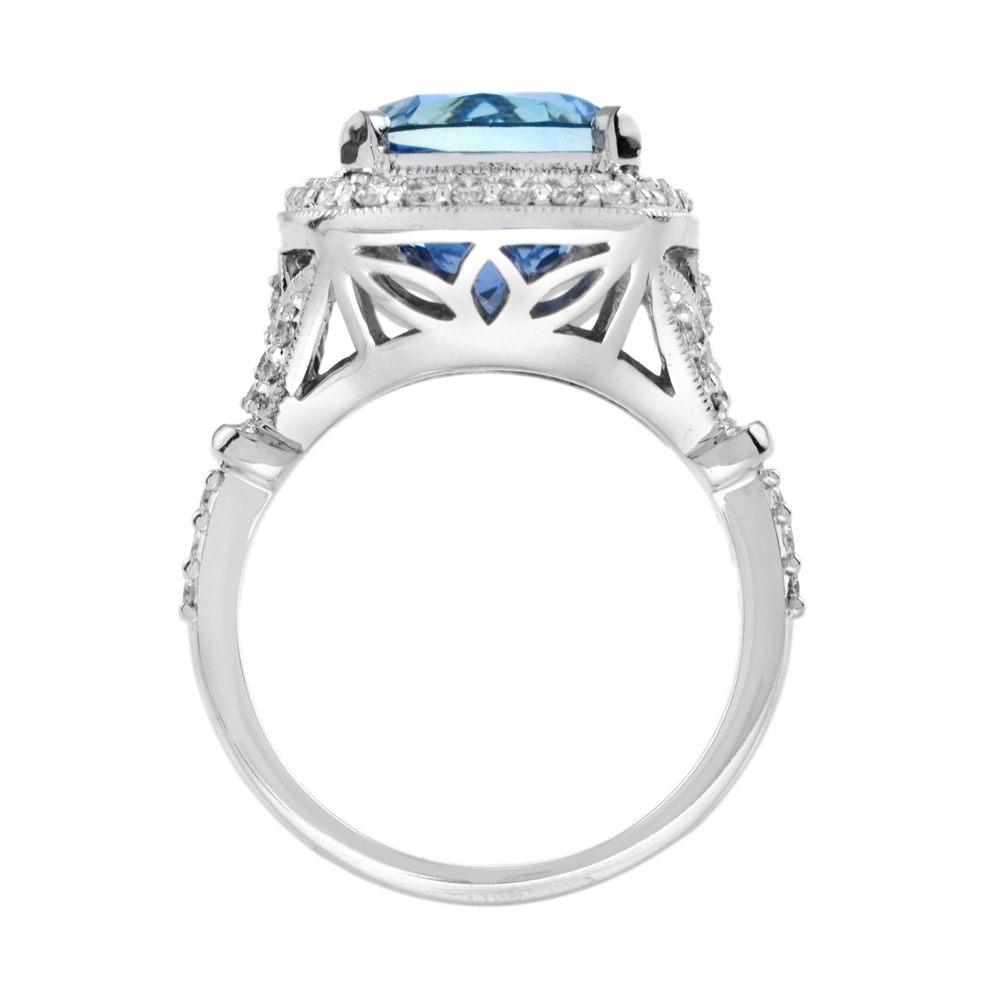 Cushion Shape Blue Violet Tanzanite & Diamond Halo Set 18K White Gold Ring