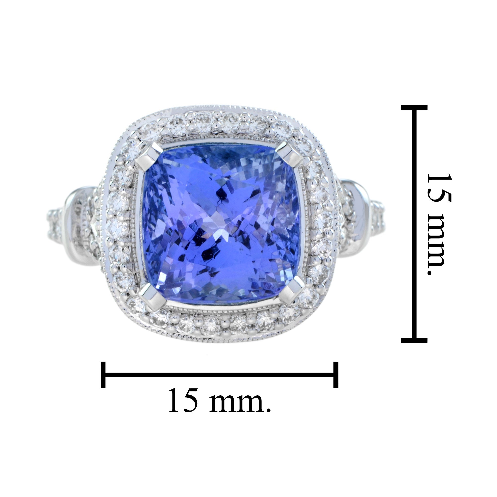 Cushion Shape Blue Violet Tanzanite & Diamond Halo Set 18K White Gold Ring