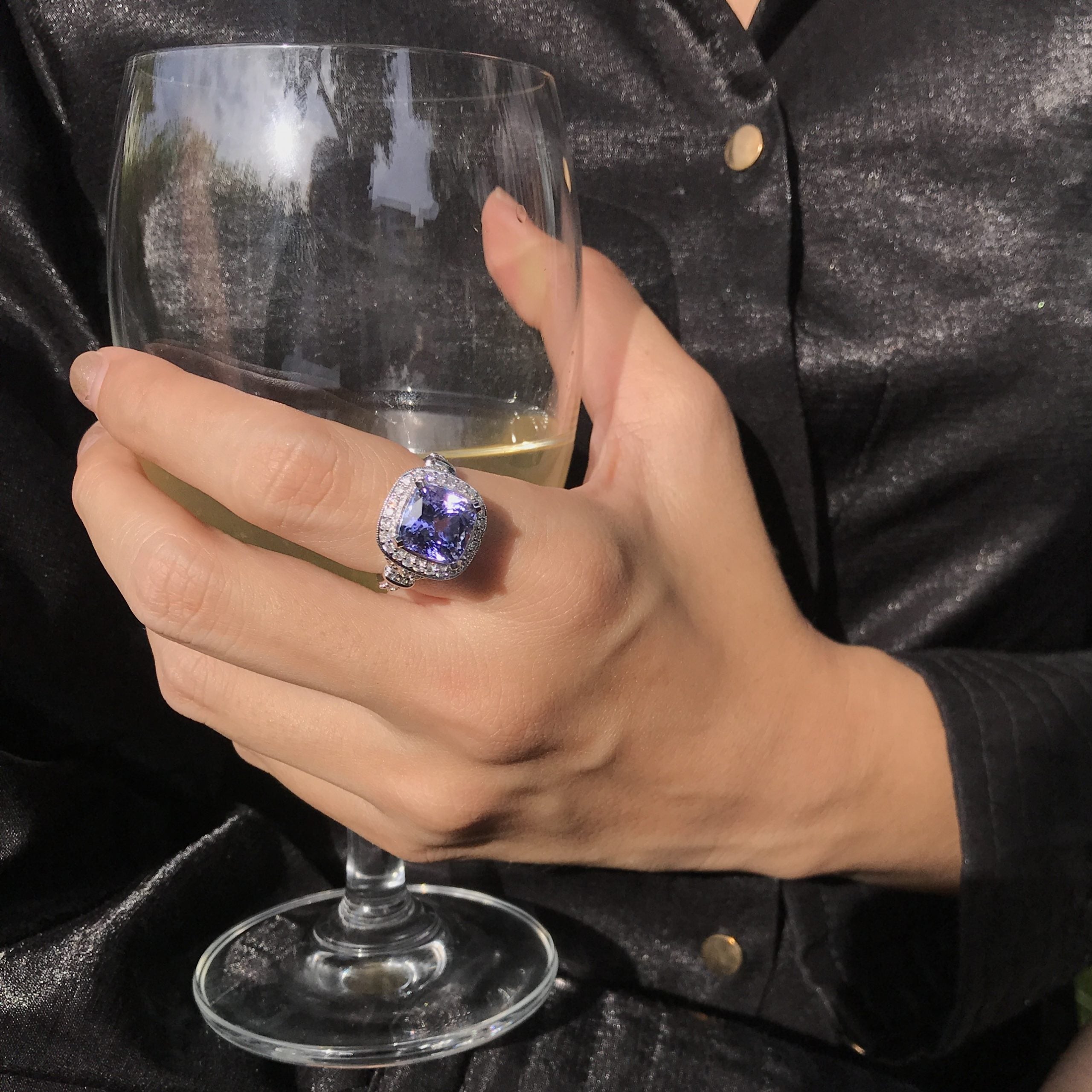 Cushion Shape Blue Violet Tanzanite & Diamond Halo Set 18K White Gold Ring