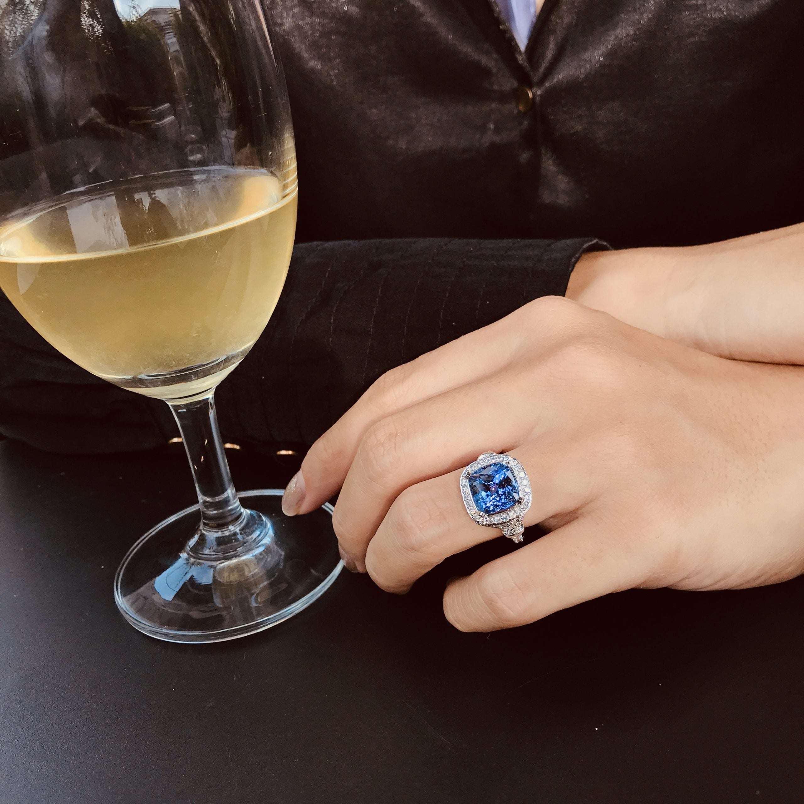 Cushion Shape Blue Violet Tanzanite & Diamond Halo Set 18K White Gold Ring