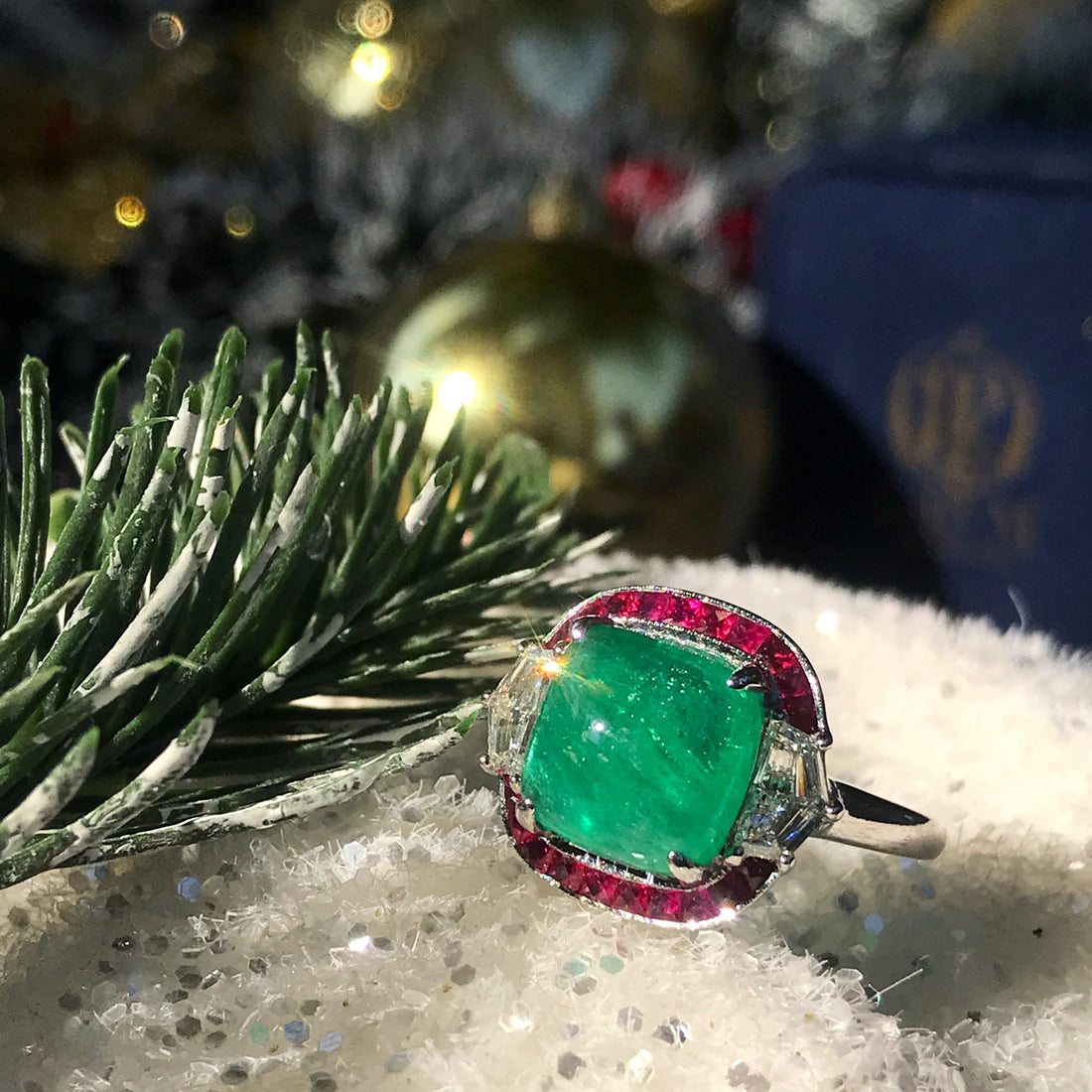 Sugarloaf Cabochon Emerald Ruby & Diamond Halo Side Stone 18K White Gold Ring