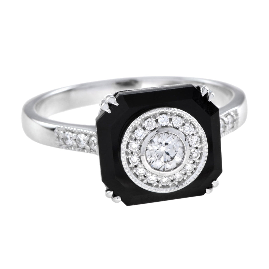Diamond & Black Octagon Onyx Art Deco Style Halo Unique 14K White Gold Ring