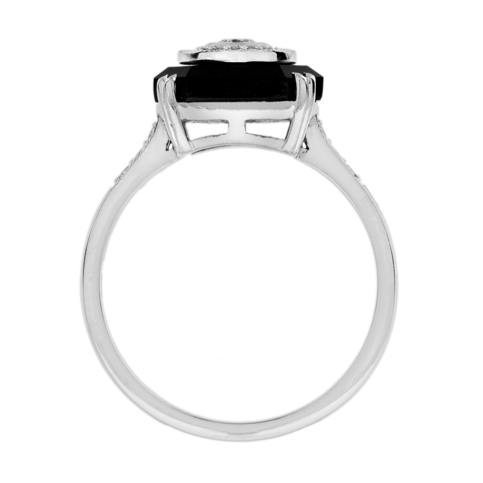 Diamond & Black Octagon Onyx Art Deco Style Halo Unique 14K White Gold Ring