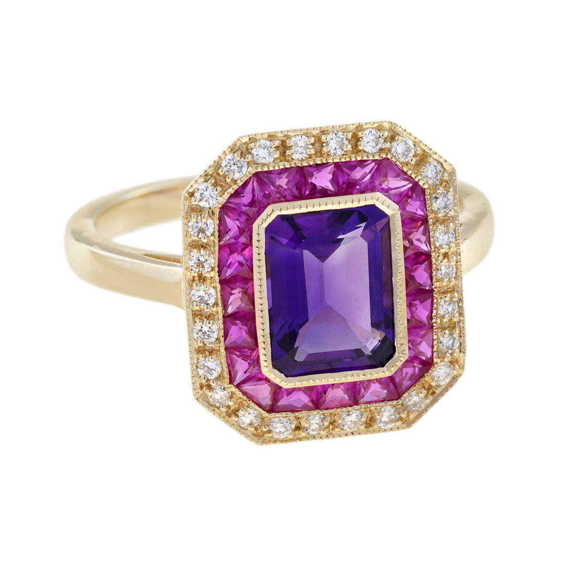 Purple Violet Amethyst & Ruby and Diamond Halo Set Art Deco Style Gold Ring