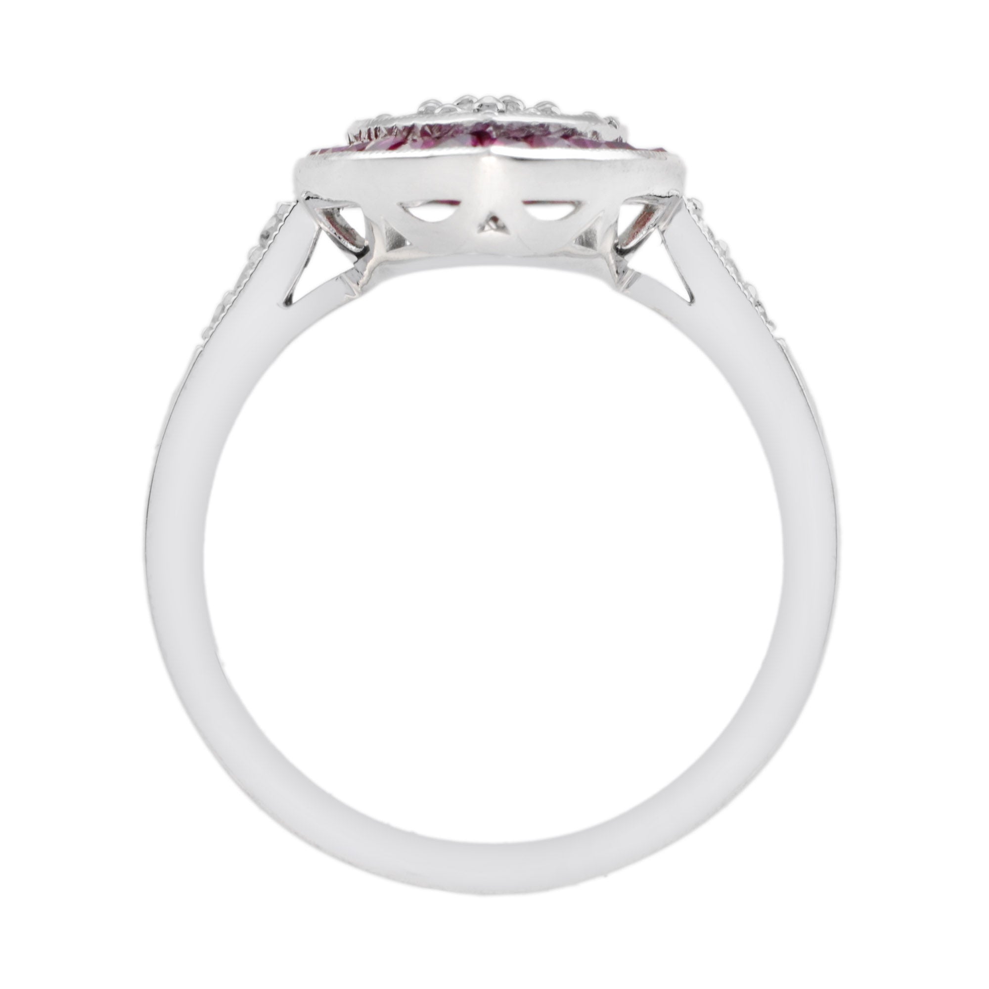 Diamond Cluster & Red Pink Ruby Art Deco Style 14K White Gold Ring