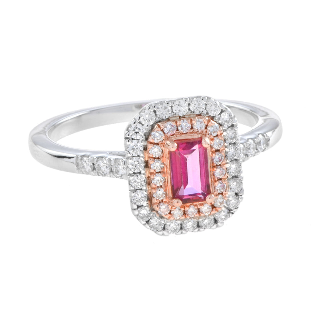 Octagon Pink Sapphire & Diamond Double Halo Set Engagement 14K White Gold Ring