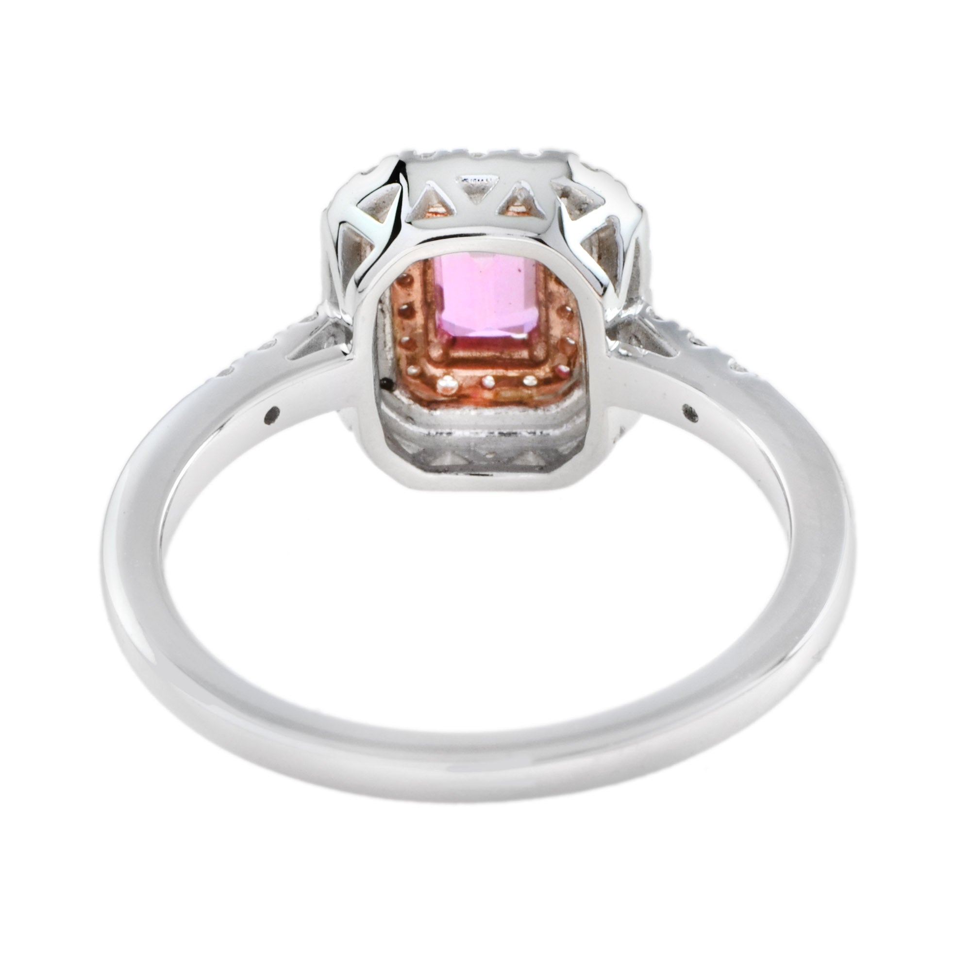Octagon Pink Sapphire & Diamond Double Halo Set Engagement 14K White Gold Ring