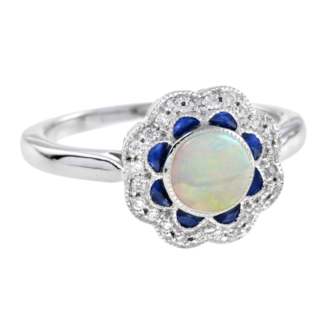 Round Opal & Sapphire Diamond Halo Set Art Deco Style Statement White Gold Ring