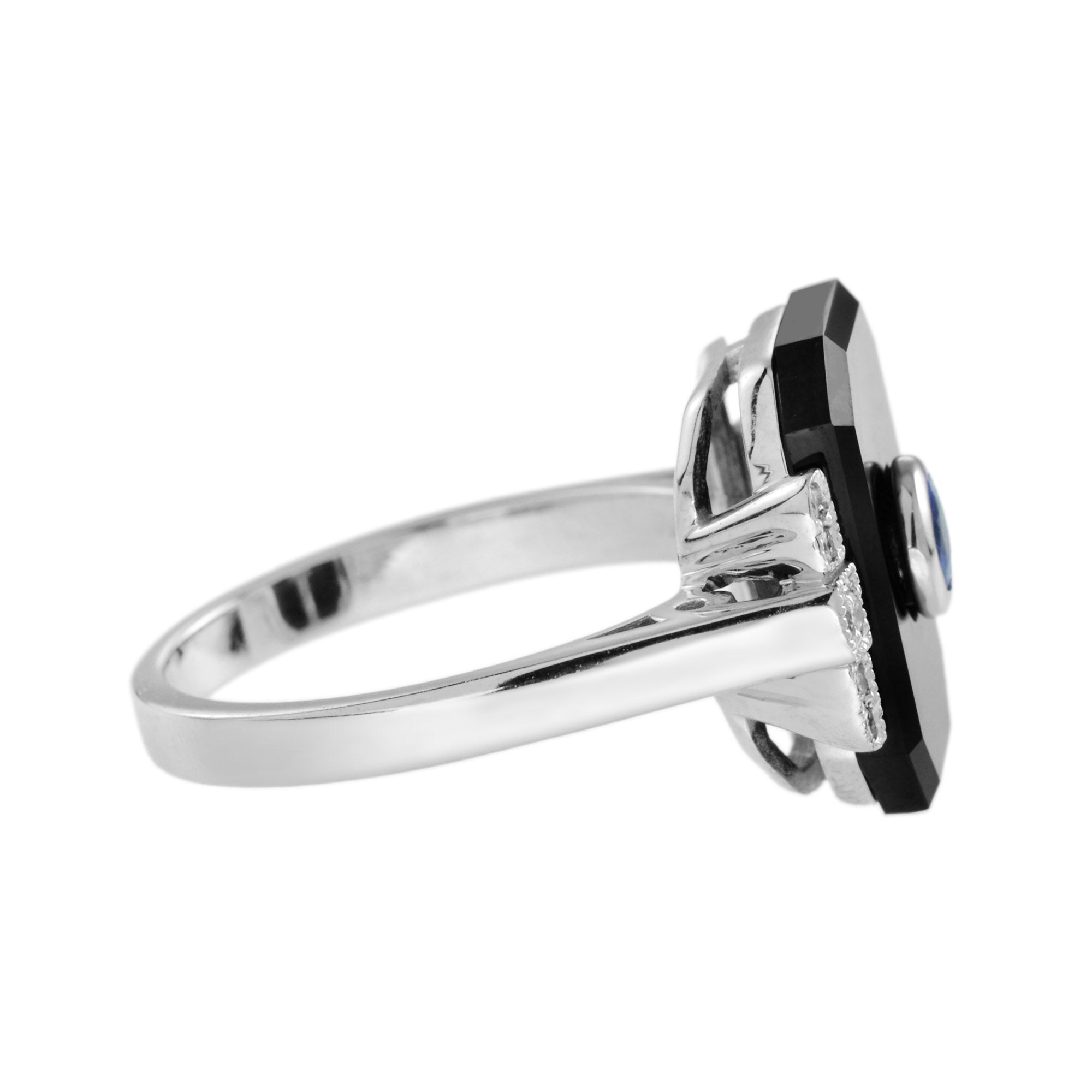 Blue Ceylon Round Sapphire & Diamond Black Onyx Art Deco Style White Gold Ring