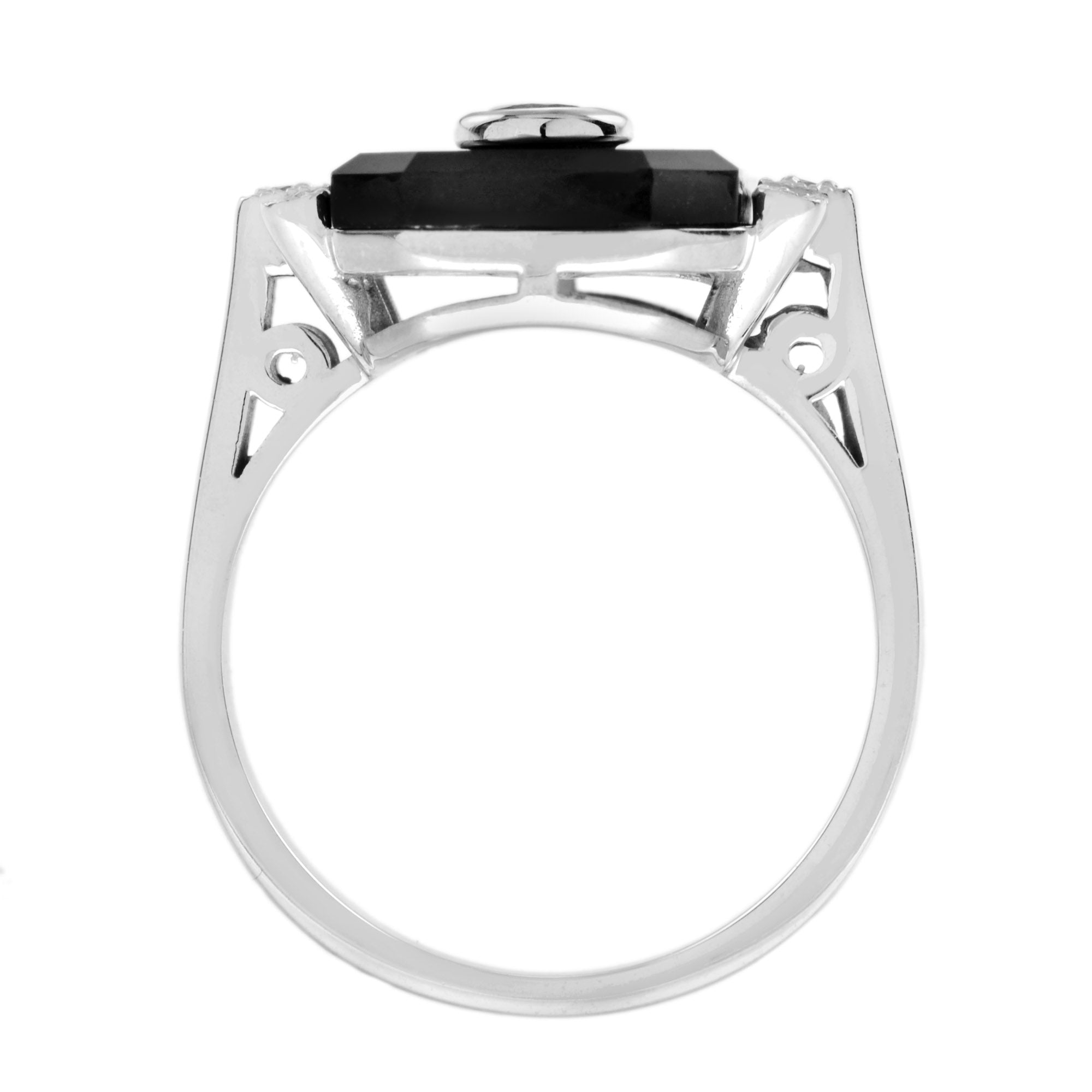 Blue Ceylon Round Sapphire & Diamond Black Onyx Art Deco Style White Gold Ring