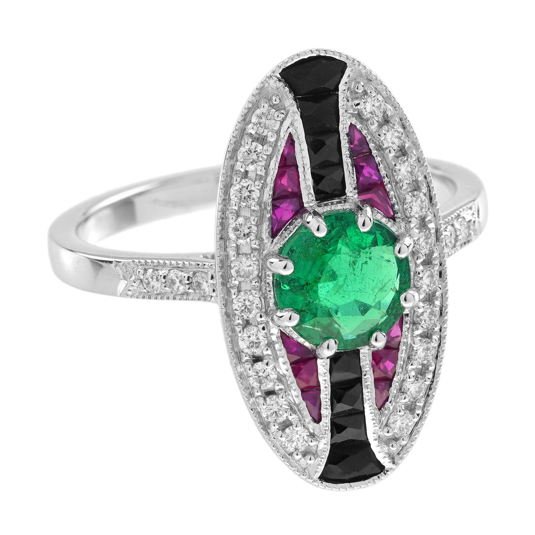 Emerald & Ruby Onyx Vintage Inspired Art Deco Style 18K White Gold Ring