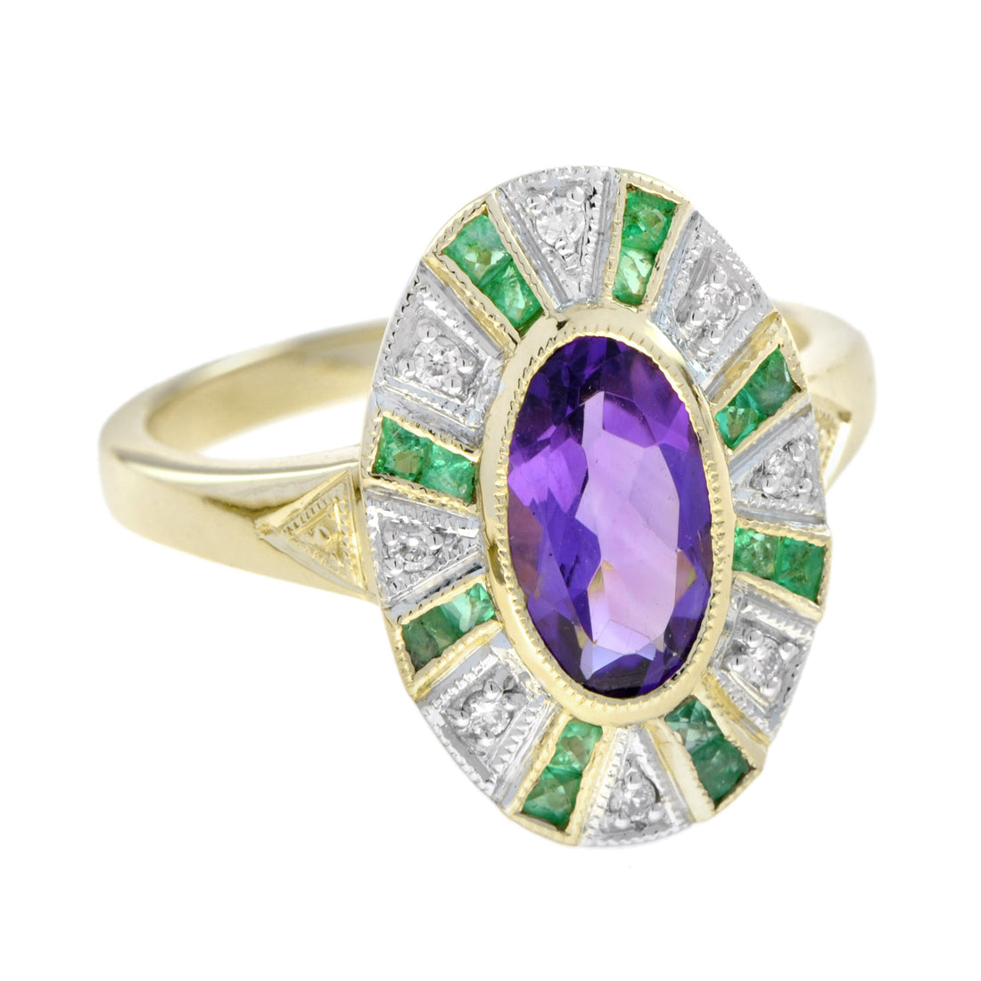 Oval Shape Purple Violet Amethyst with Green Emerald & Diamond Cluster Gold Ring