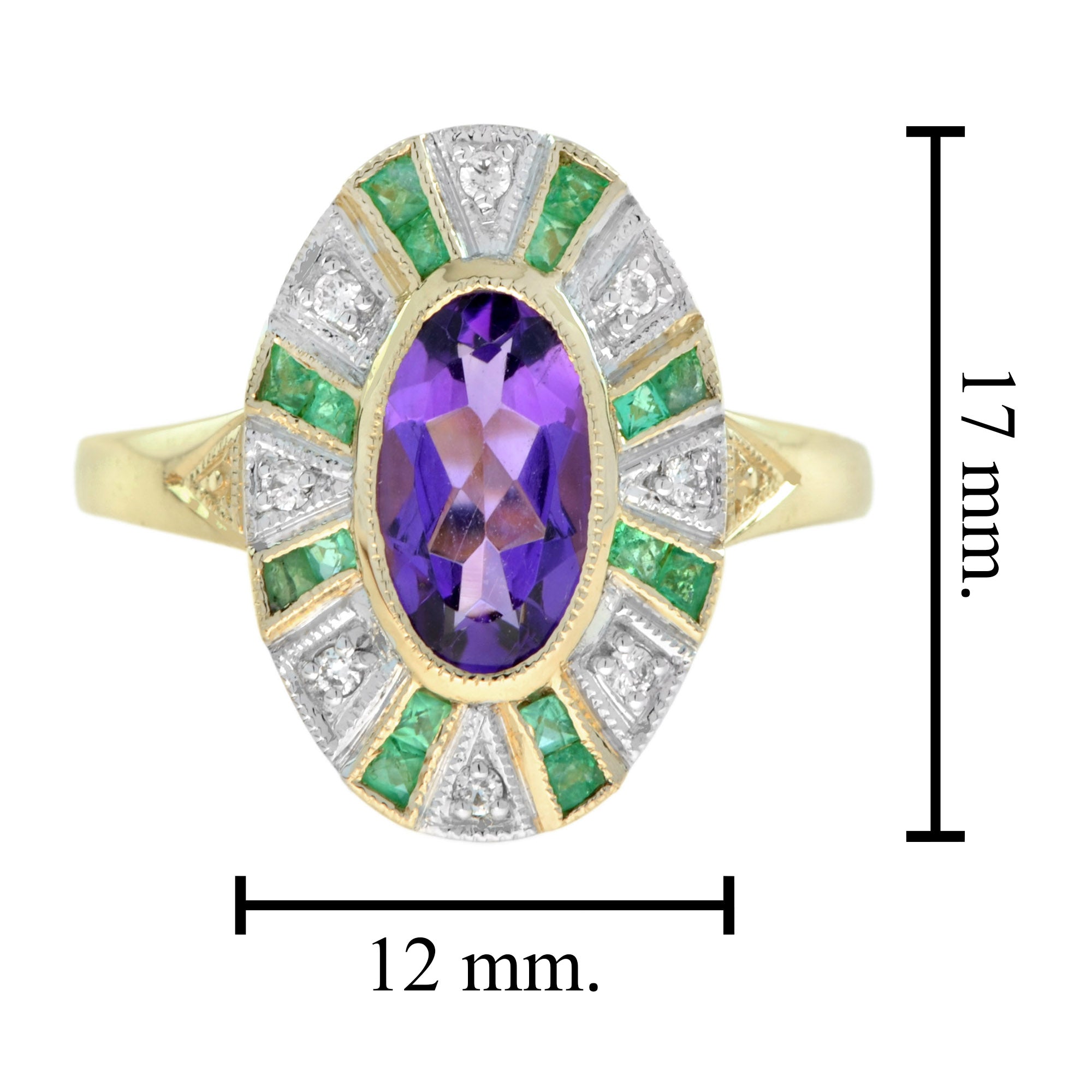 Oval Shape Purple Violet Amethyst with Green Emerald & Diamond Cluster Gold Ring