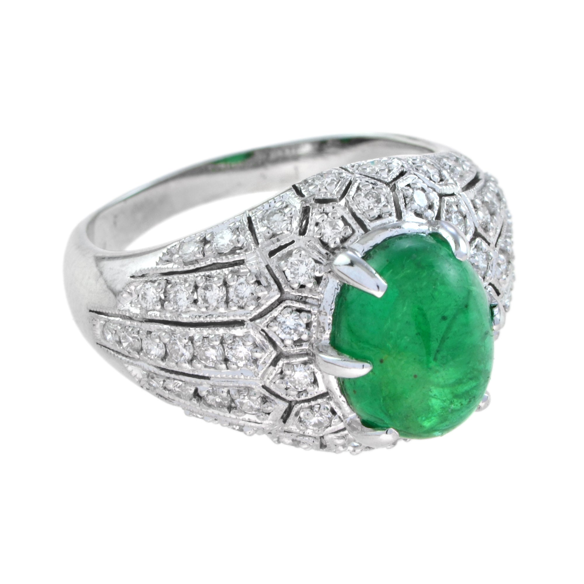 Oval Cabochon Green Emerald & Diamond Pave Set Dome 14K White Gold Ring