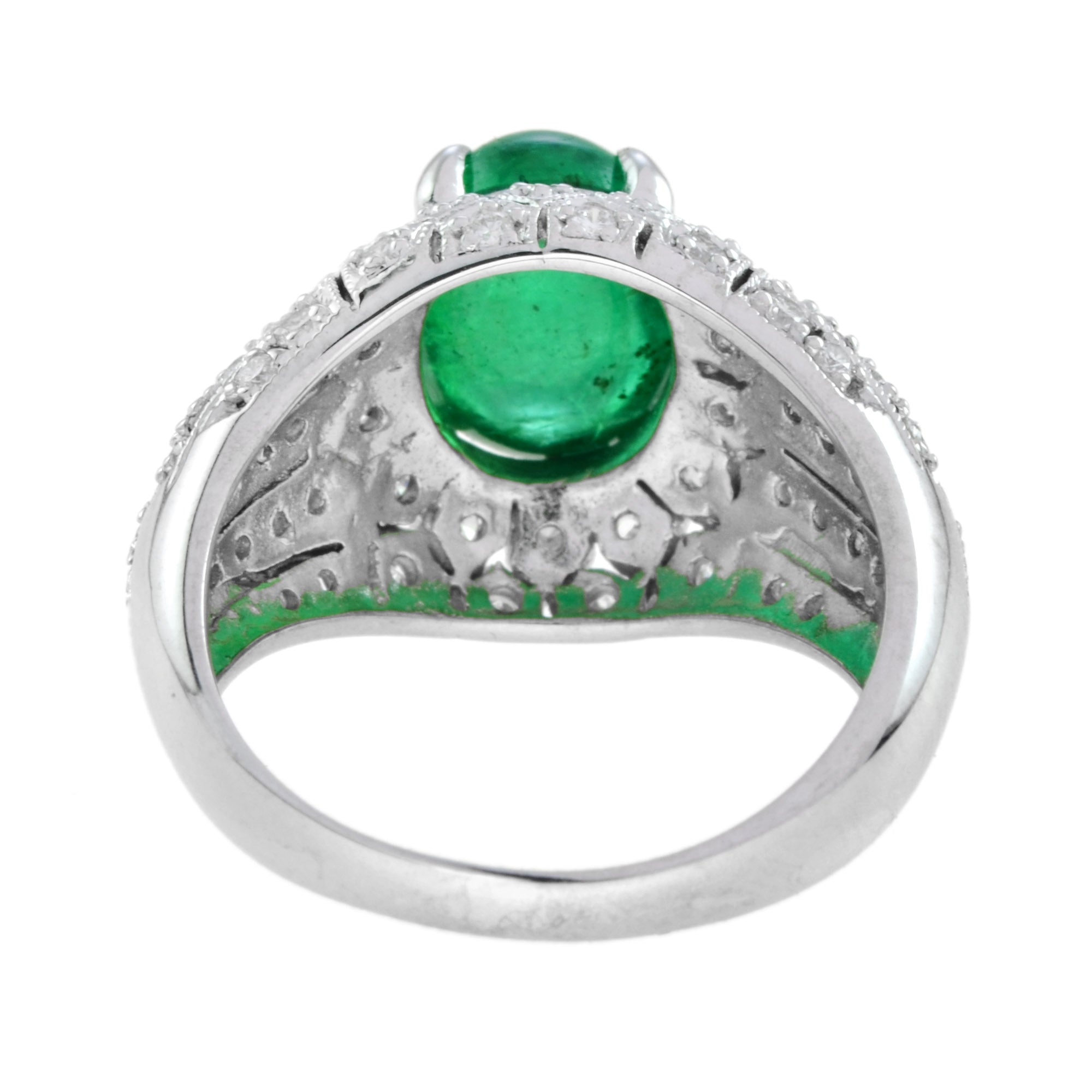 Oval Cabochon Green Emerald & Diamond Pave Set Dome 14K White Gold Ring
