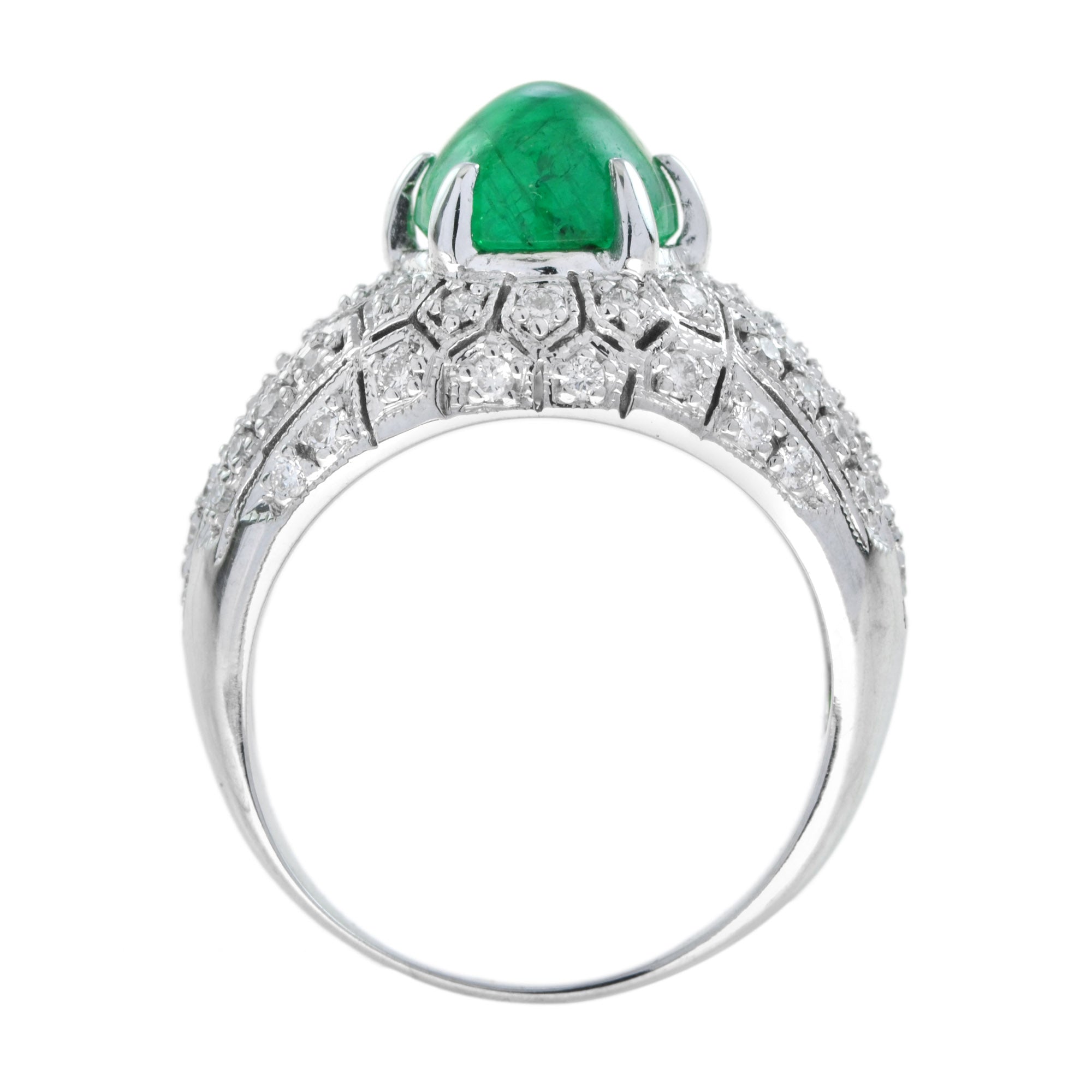 Oval Cabochon Green Emerald & Diamond Pave Set Dome 14K White Gold Ring