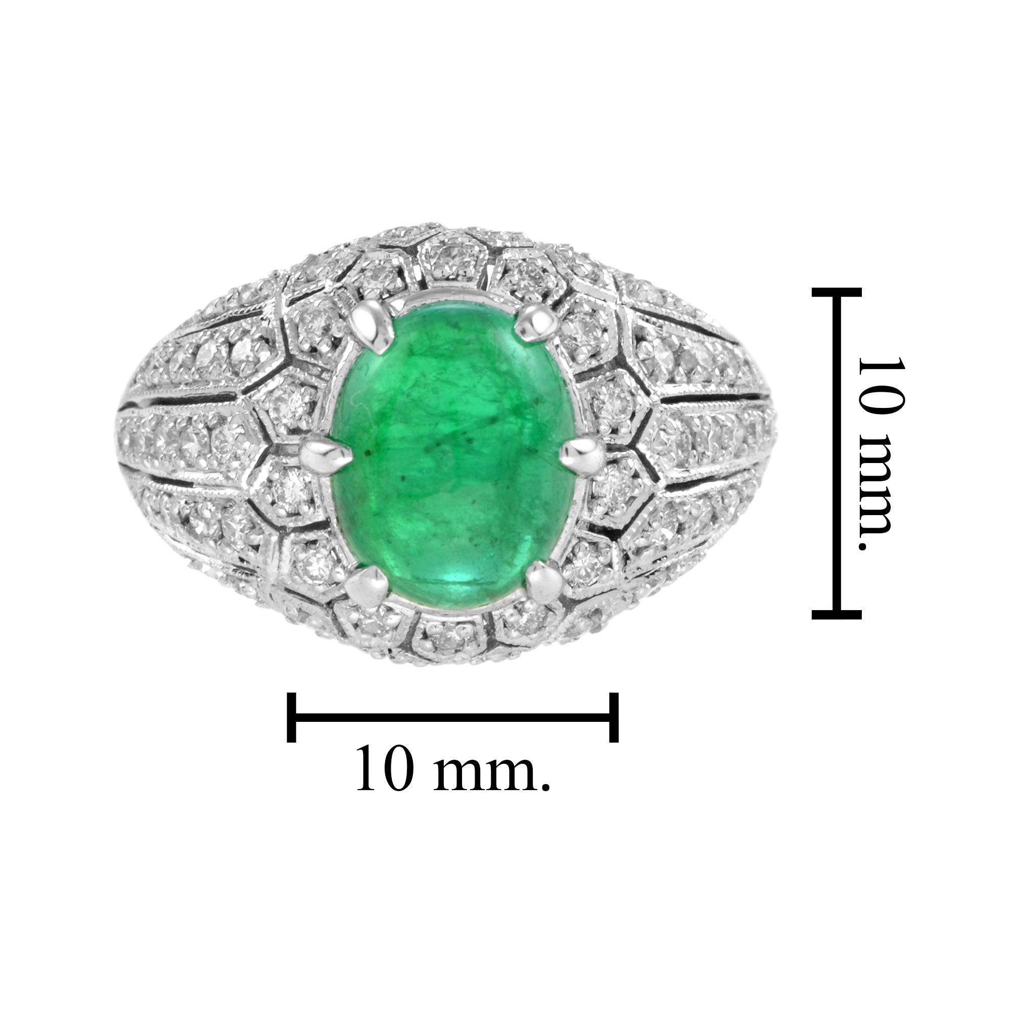 Oval Cabochon Green Emerald & Diamond Pave Set Dome 14K White Gold Ring