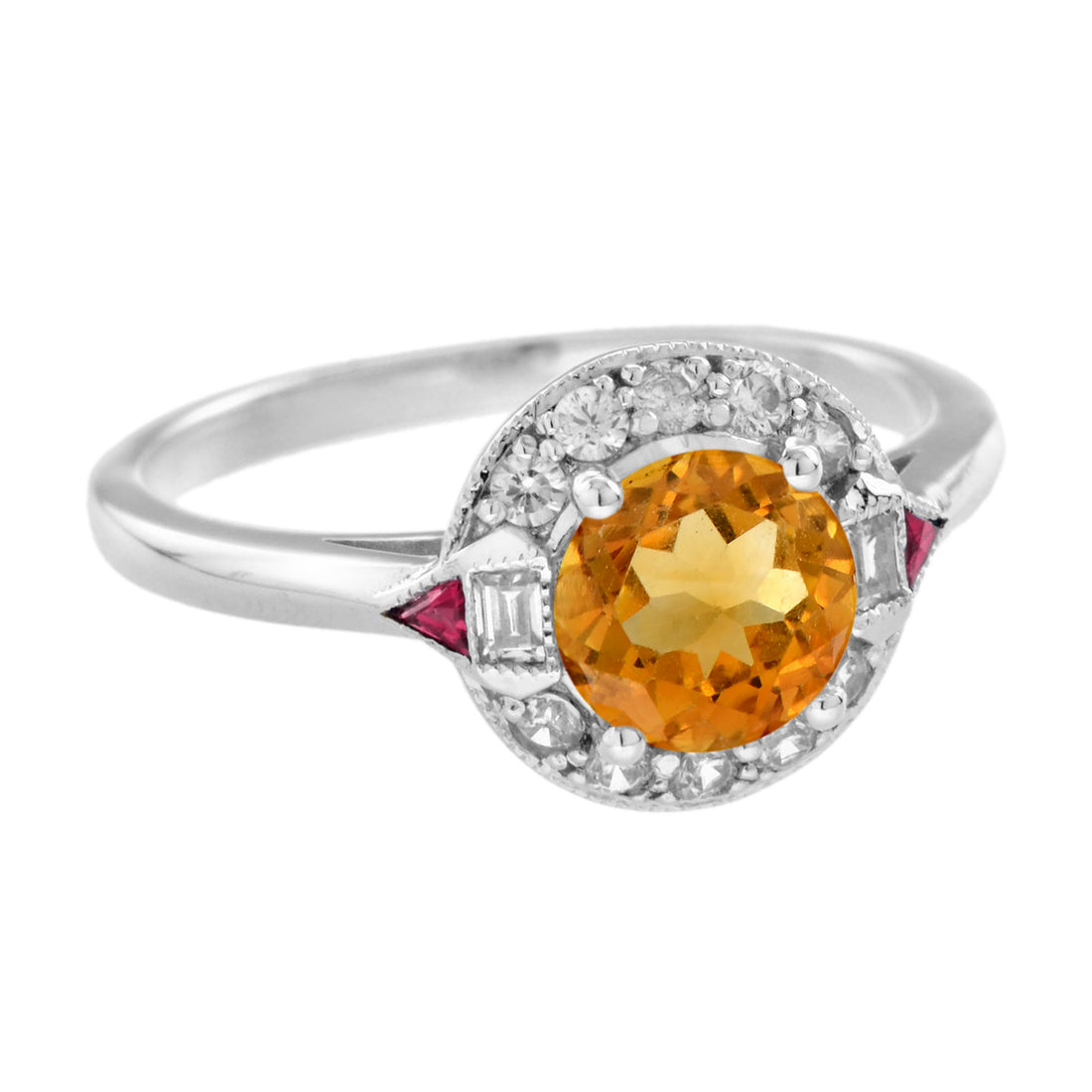 Orange Citrine Diamond & Red Ruby Art Deco Style Halo 14K White Gold Ring