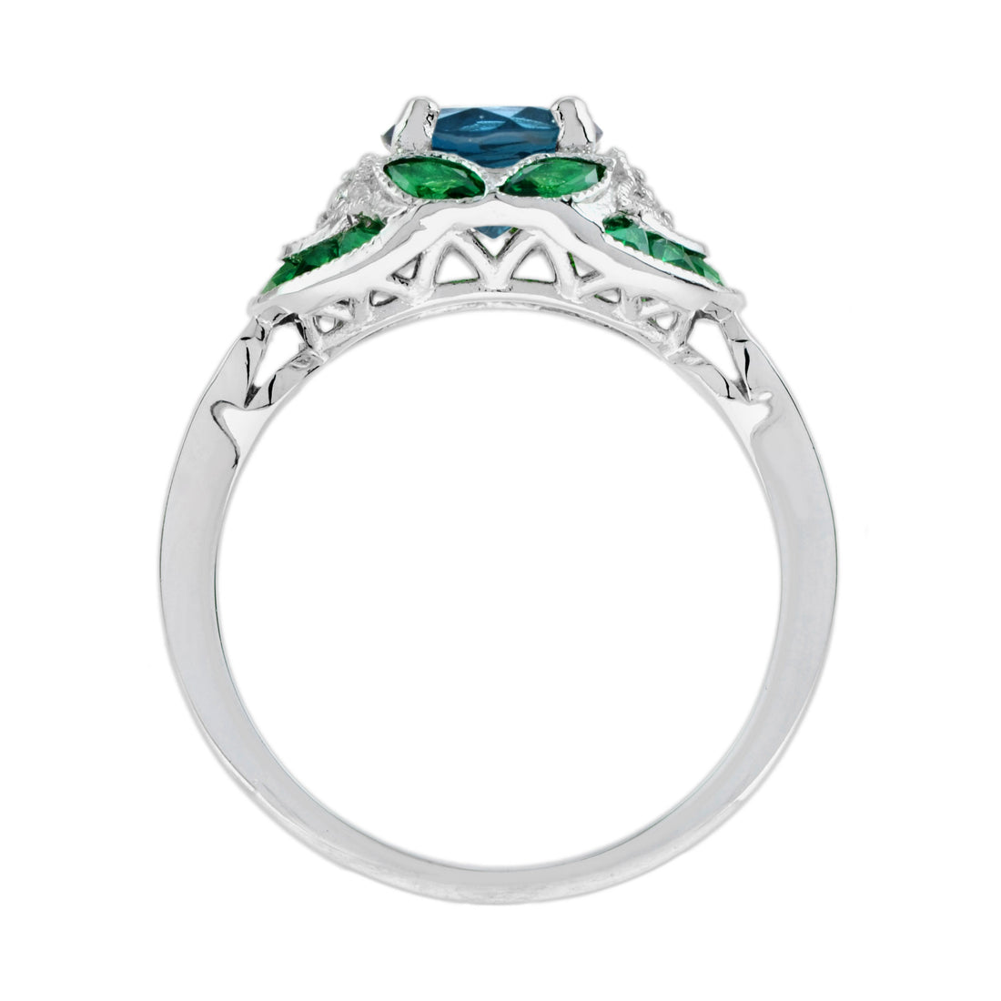 Round London Blue Topaz & Diamond Green Emerald Art Deco Style White Gold Ring