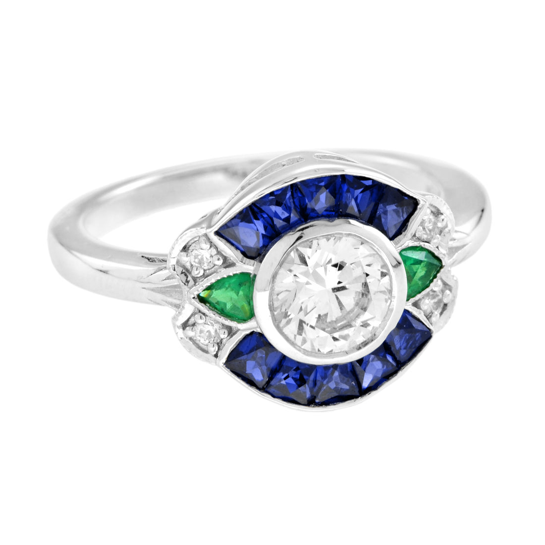 Round Diamond & Sapphire and Emerald Art Deco Style 18K White Gold Ring