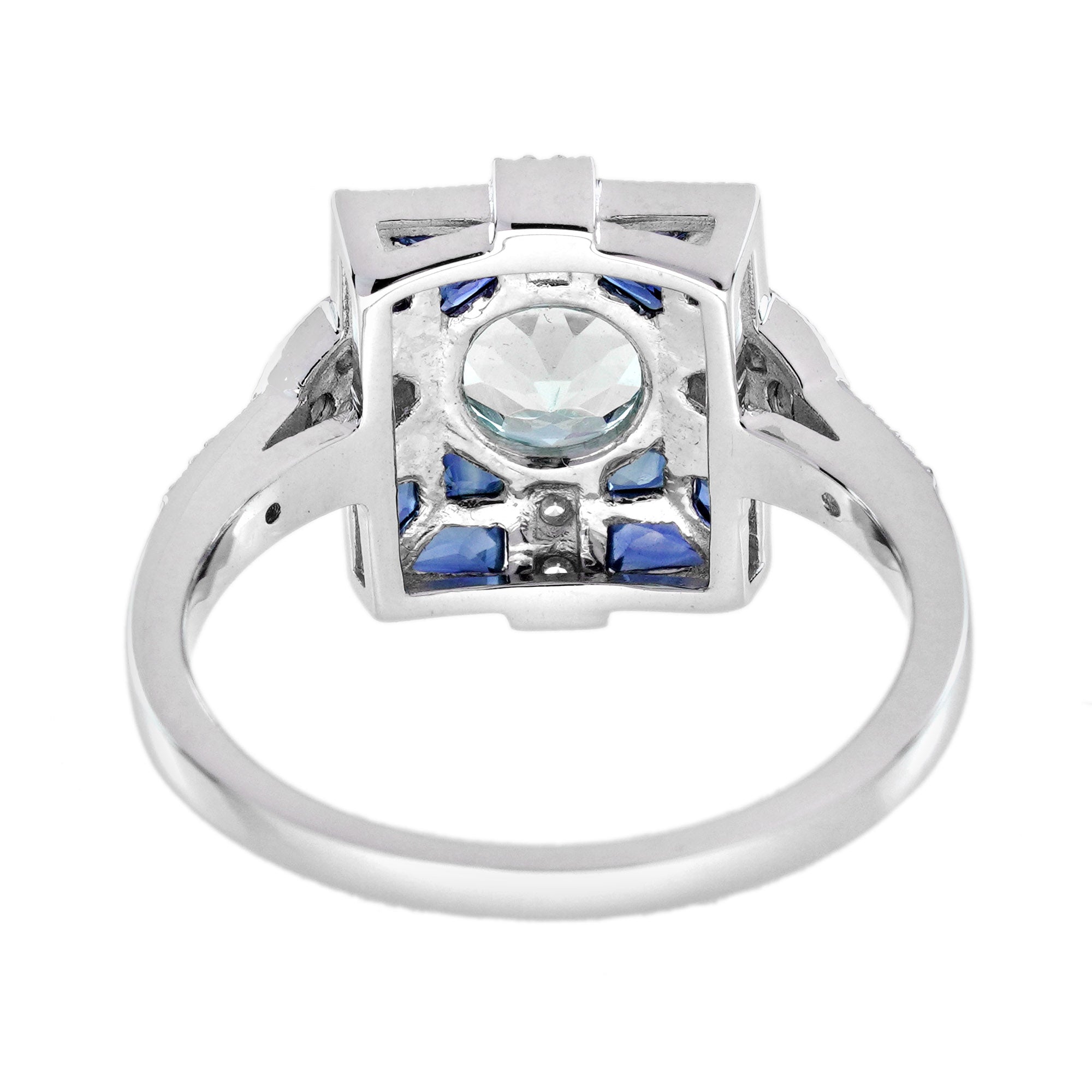 Blue Aquamarine & Sapphire and Diamond Art Deco Style White Gold Ring