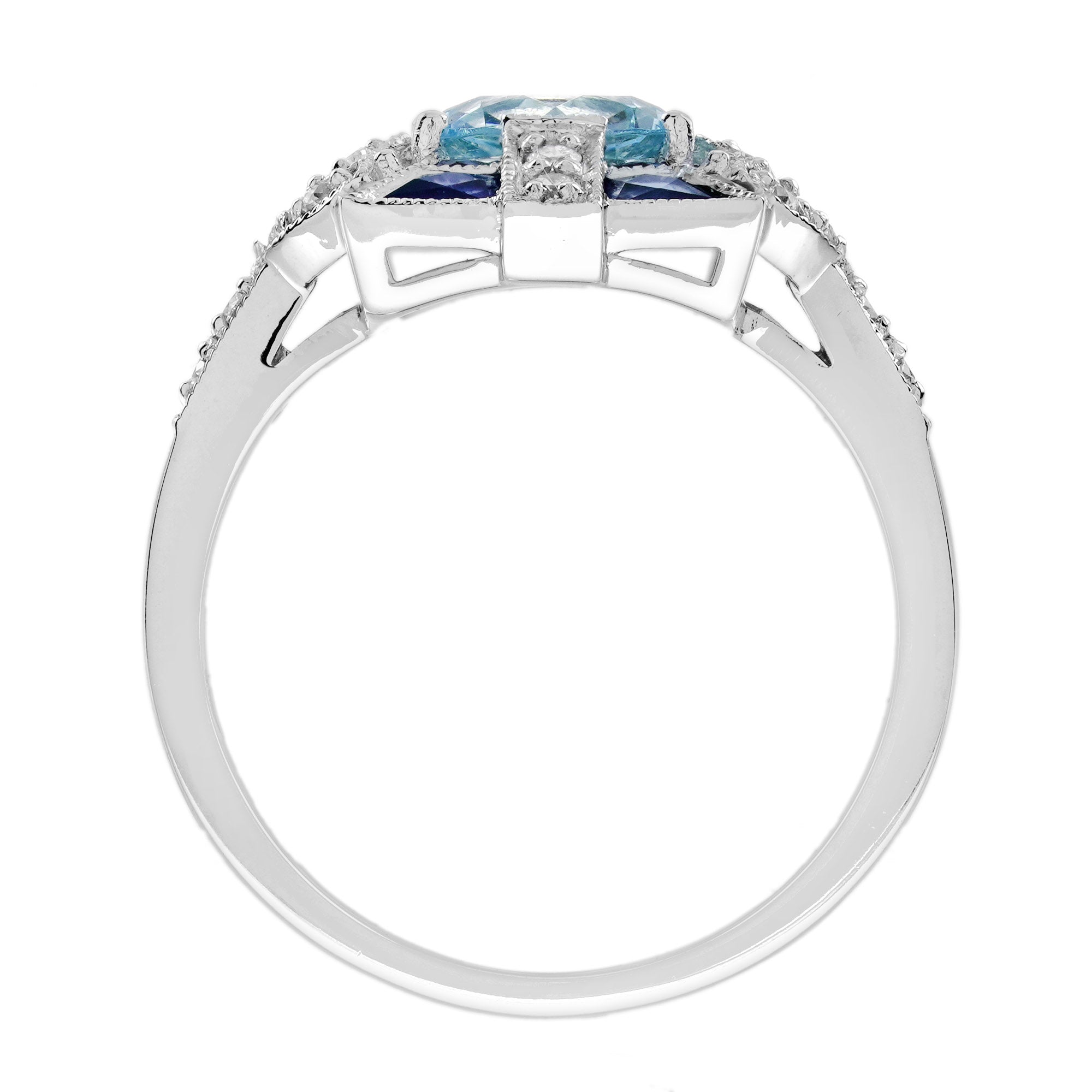 Blue Aquamarine & Sapphire and Diamond Art Deco Style White Gold Ring