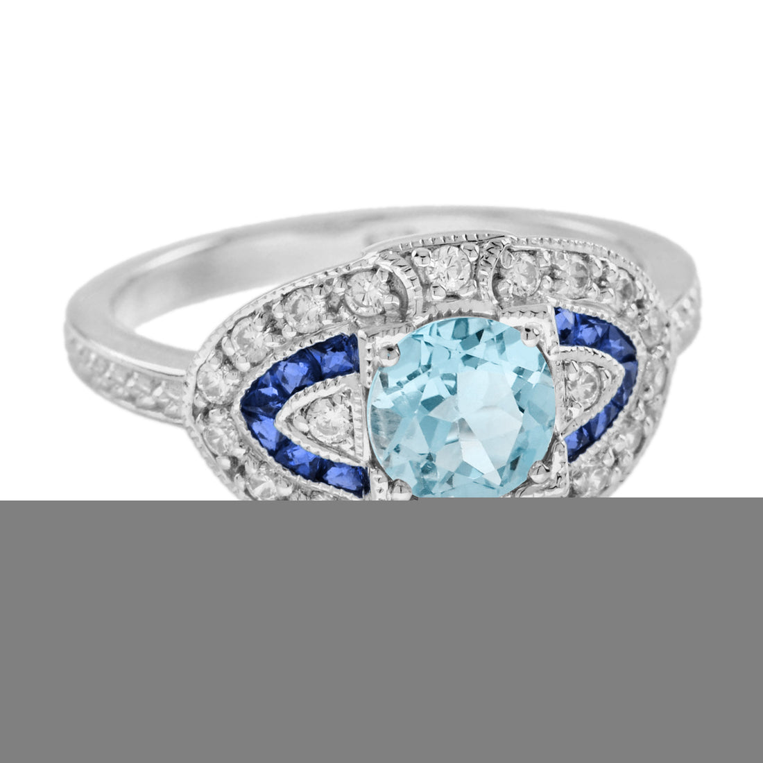 Round Aquamarine & Blue Sapphire and Diamond Engagement 14K White Gold Ring