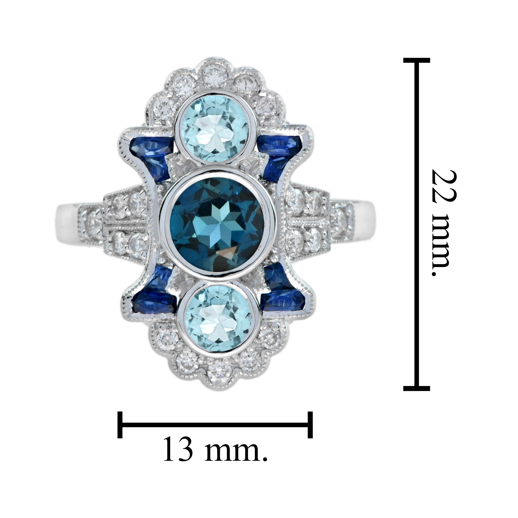 Round London Blue Topaz & Aquamarine Sapphire and Diamond 14K White Gold Ring