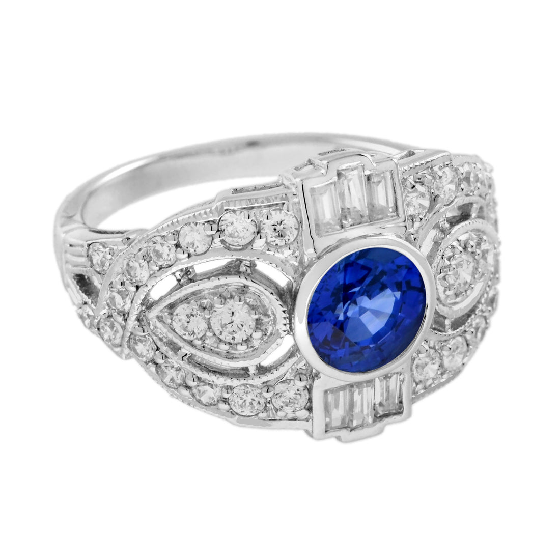Round Blue Sapphire & Diamond Art Deco Style Engagement 18K White Gold Ring