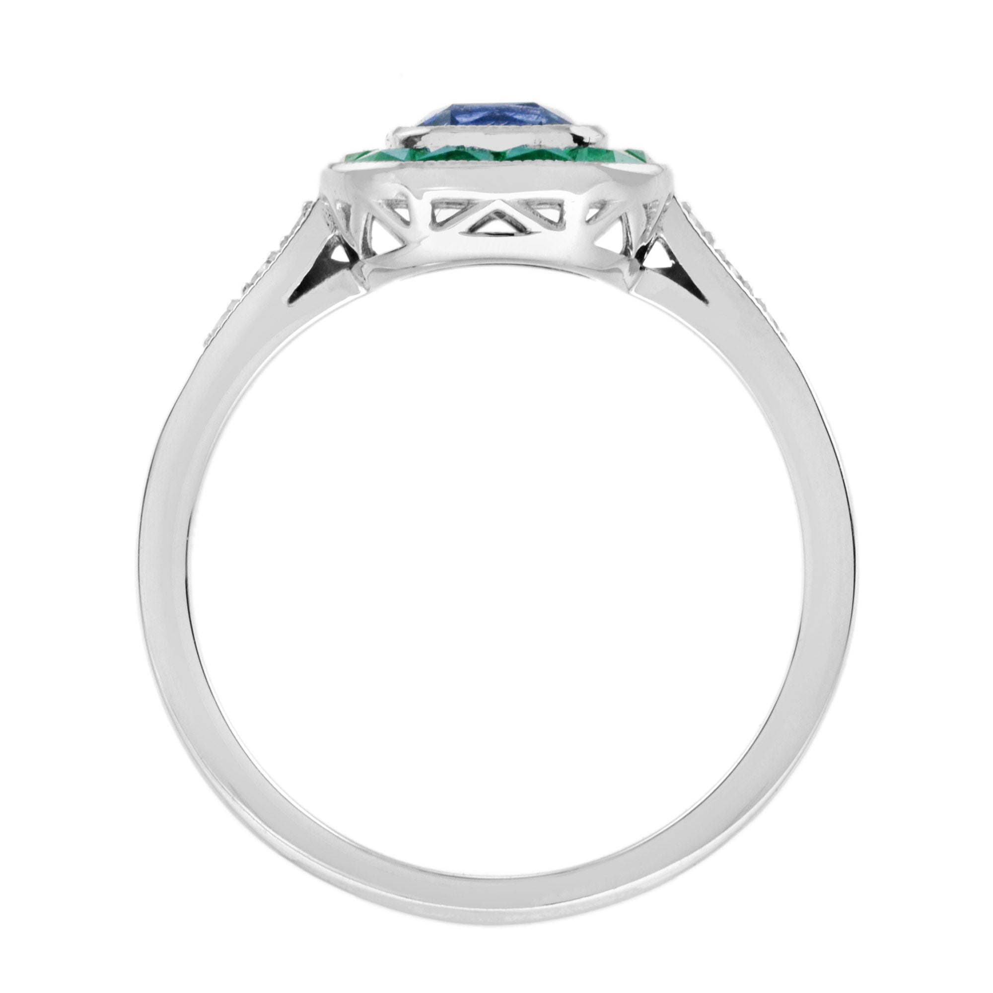 Cushion Sapphire & Emerald Diamond Art Deco Style Halo 18K White Gold Ring