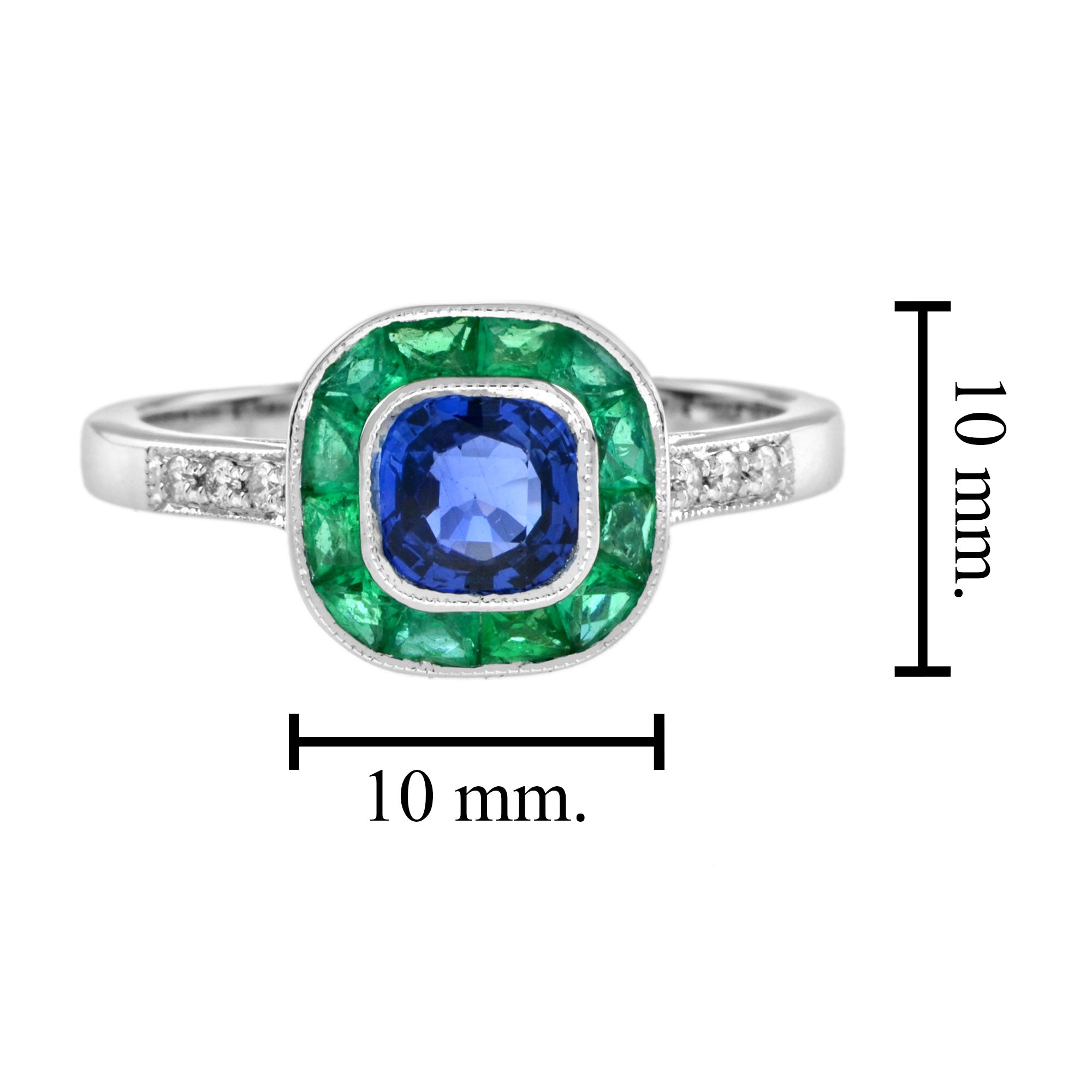 Cushion Sapphire & Emerald Diamond Art Deco Style Halo 18K White Gold Ring