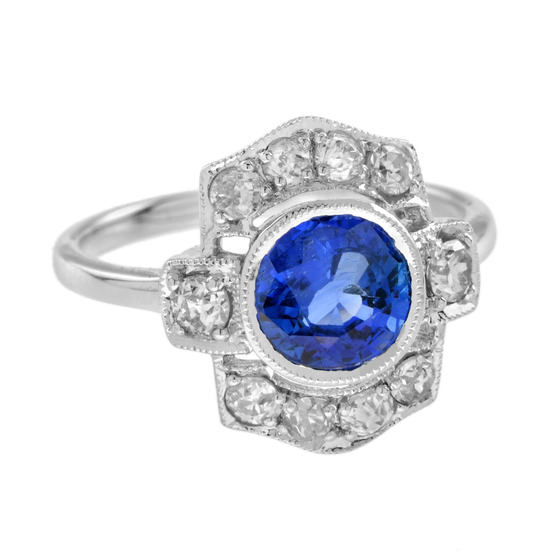 Round Blue Ceylon Sapphire & Diamond Art Deco Inspired Halo 18K White Gold Ring