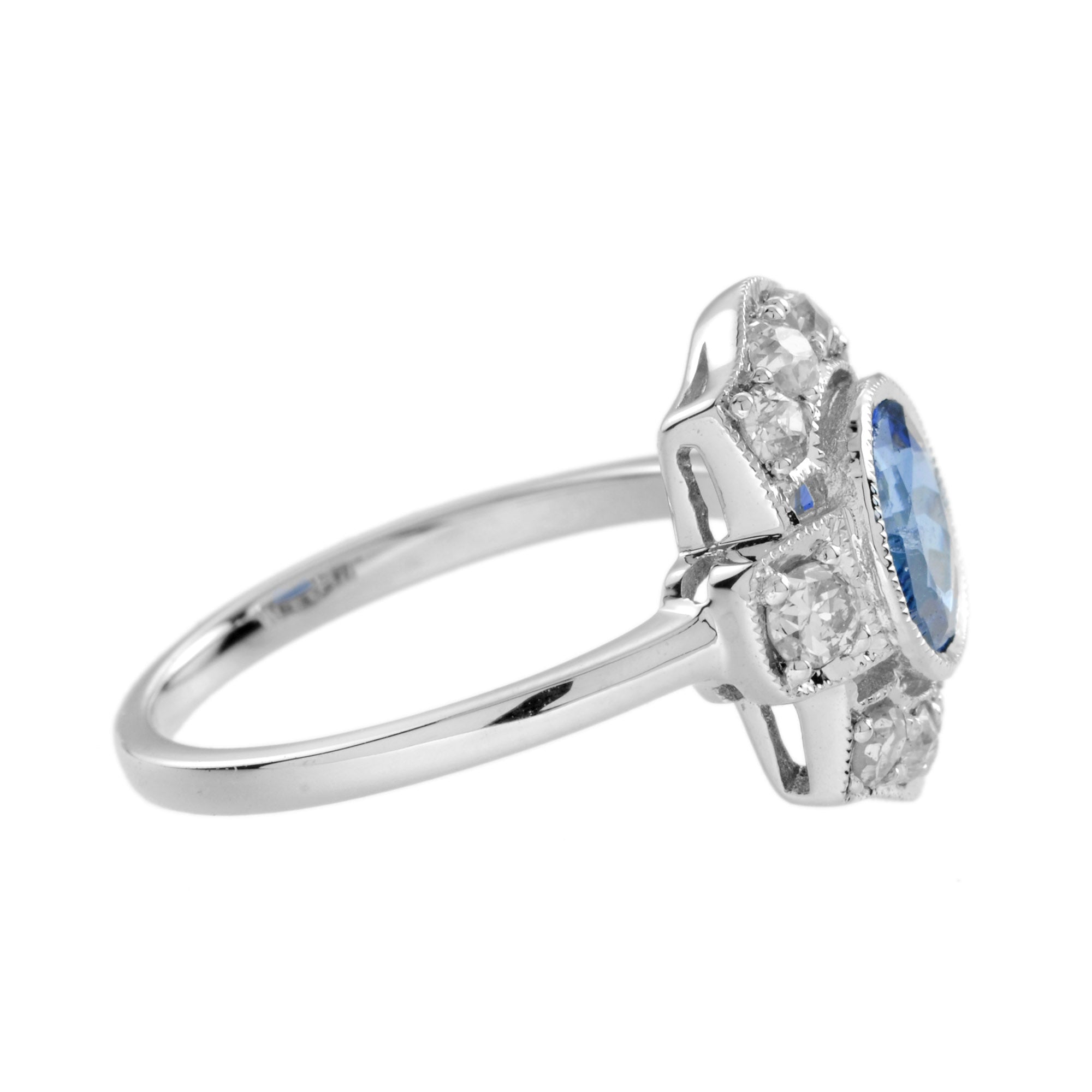Round Blue Ceylon Sapphire & Diamond Art Deco Inspired Halo 18K White Gold Ring