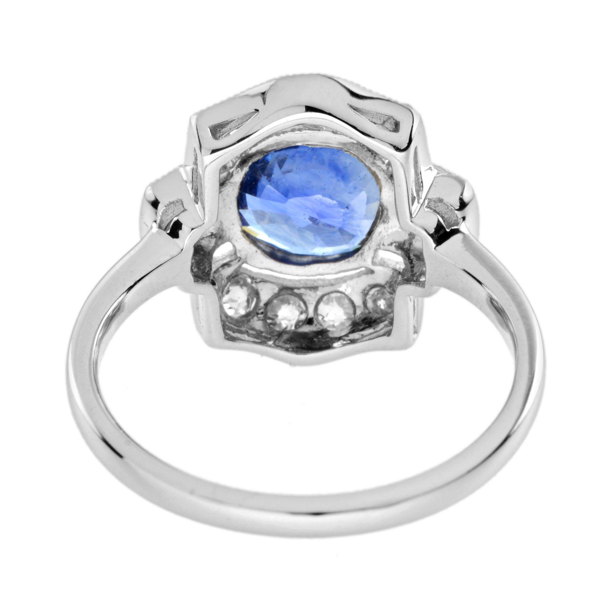 Round Blue Ceylon Sapphire & Diamond Art Deco Inspired Halo 18K White Gold Ring