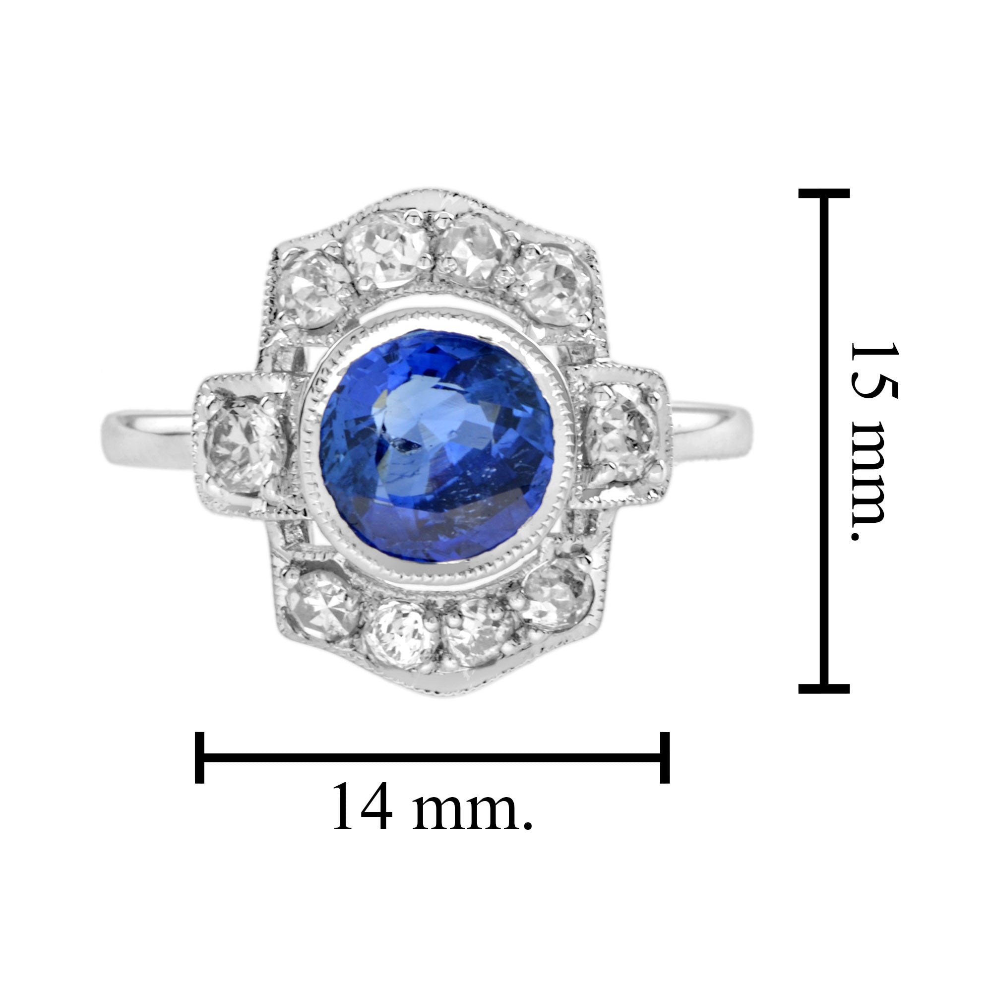 Round Blue Ceylon Sapphire & Diamond Art Deco Inspired Halo 18K White Gold Ring