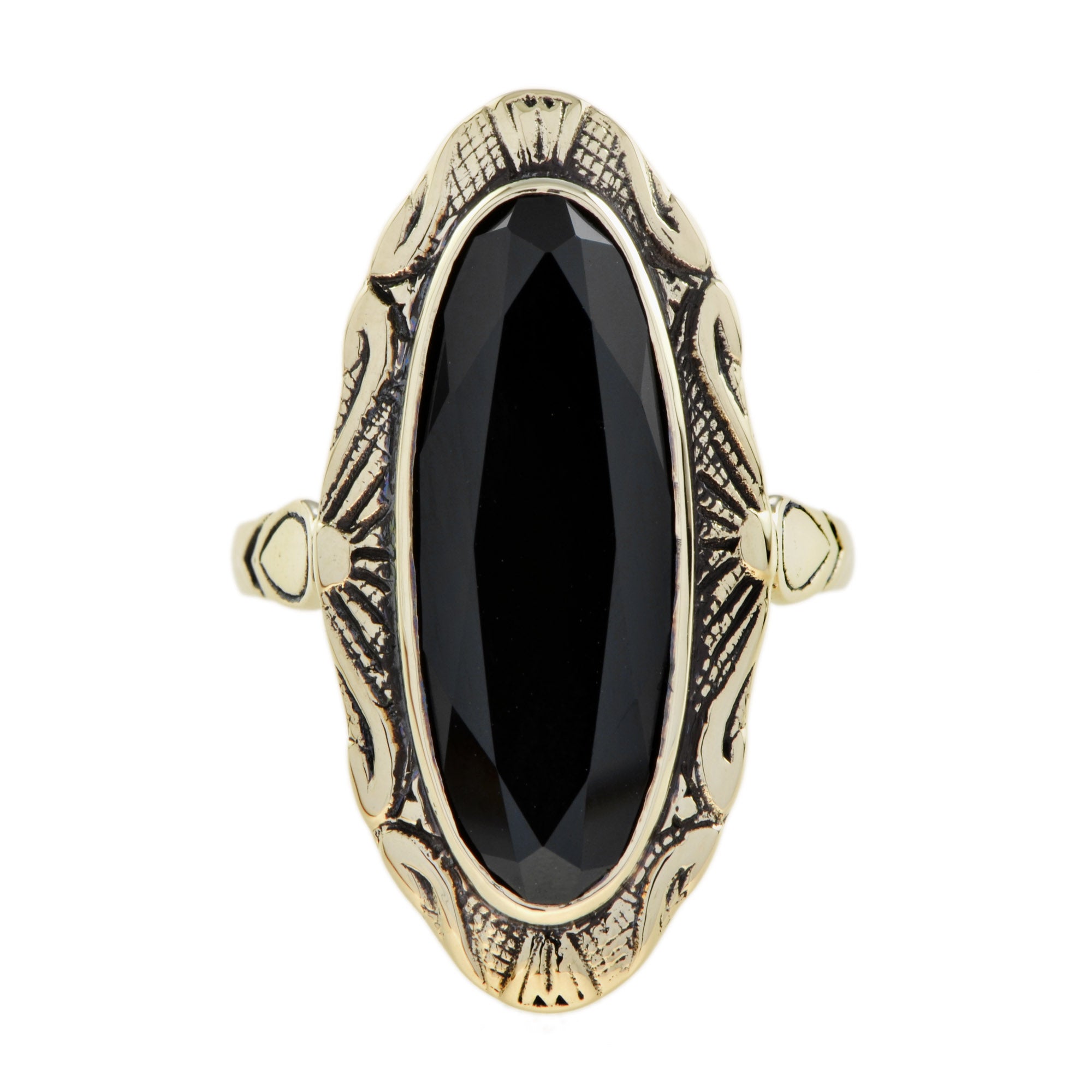 Oval Black Onyx Vintage Style Cocktail 9K Yellow Gold Ring