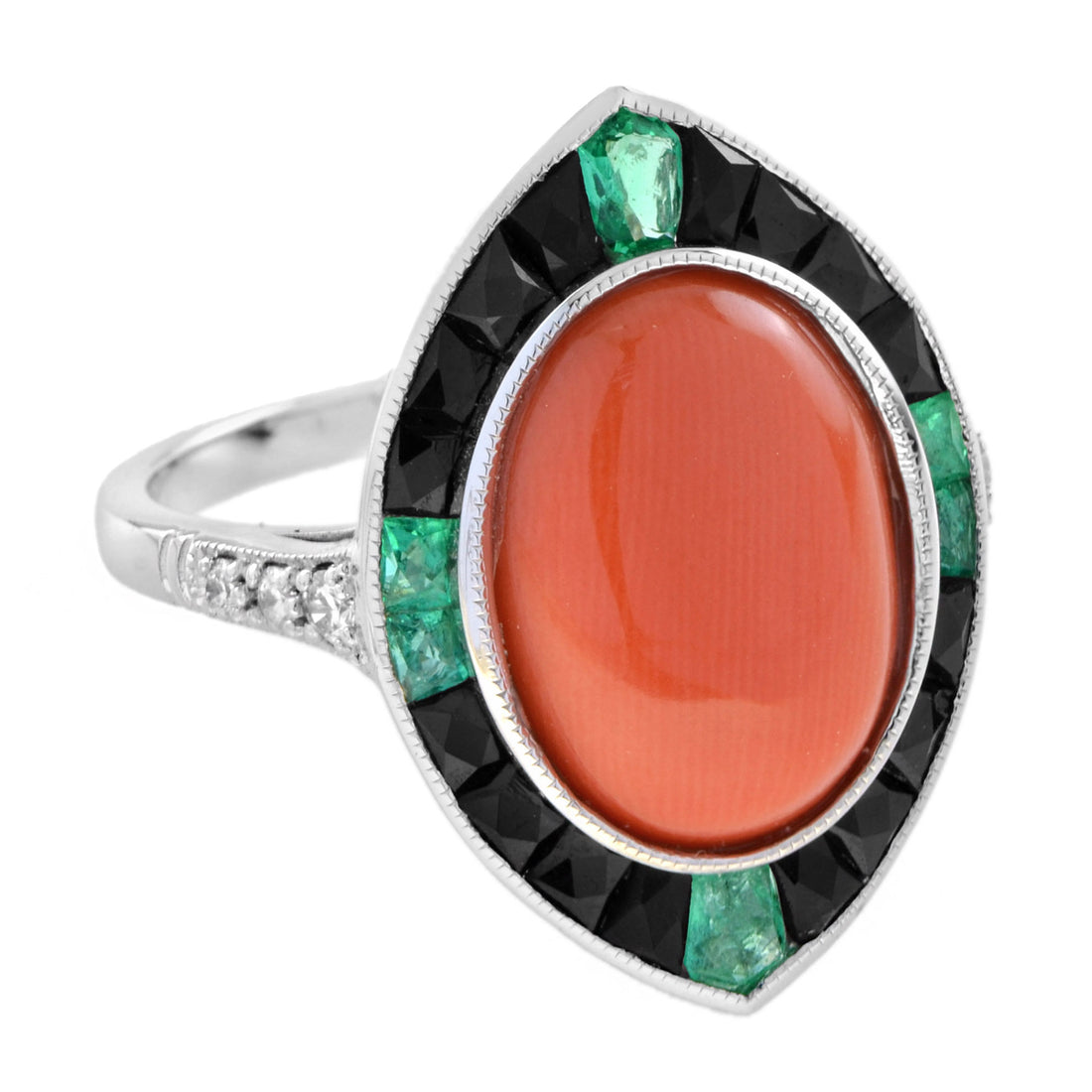 Orange Red Coral Diamond Emerald Black Onyx Art Deco Style 14K White Gold Ring