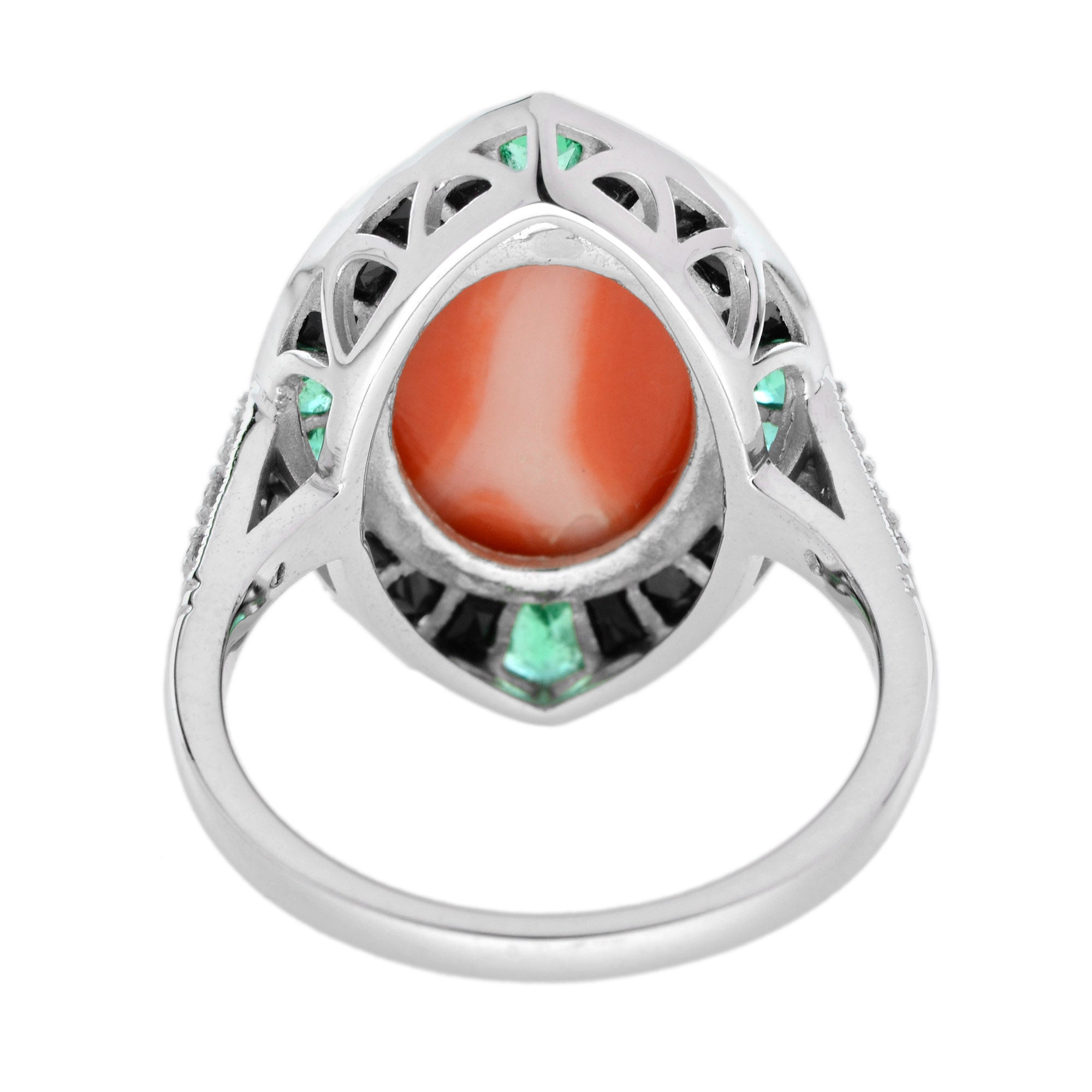Orange Red Coral Diamond Emerald Black Onyx Art Deco Style 14K White Gold Ring