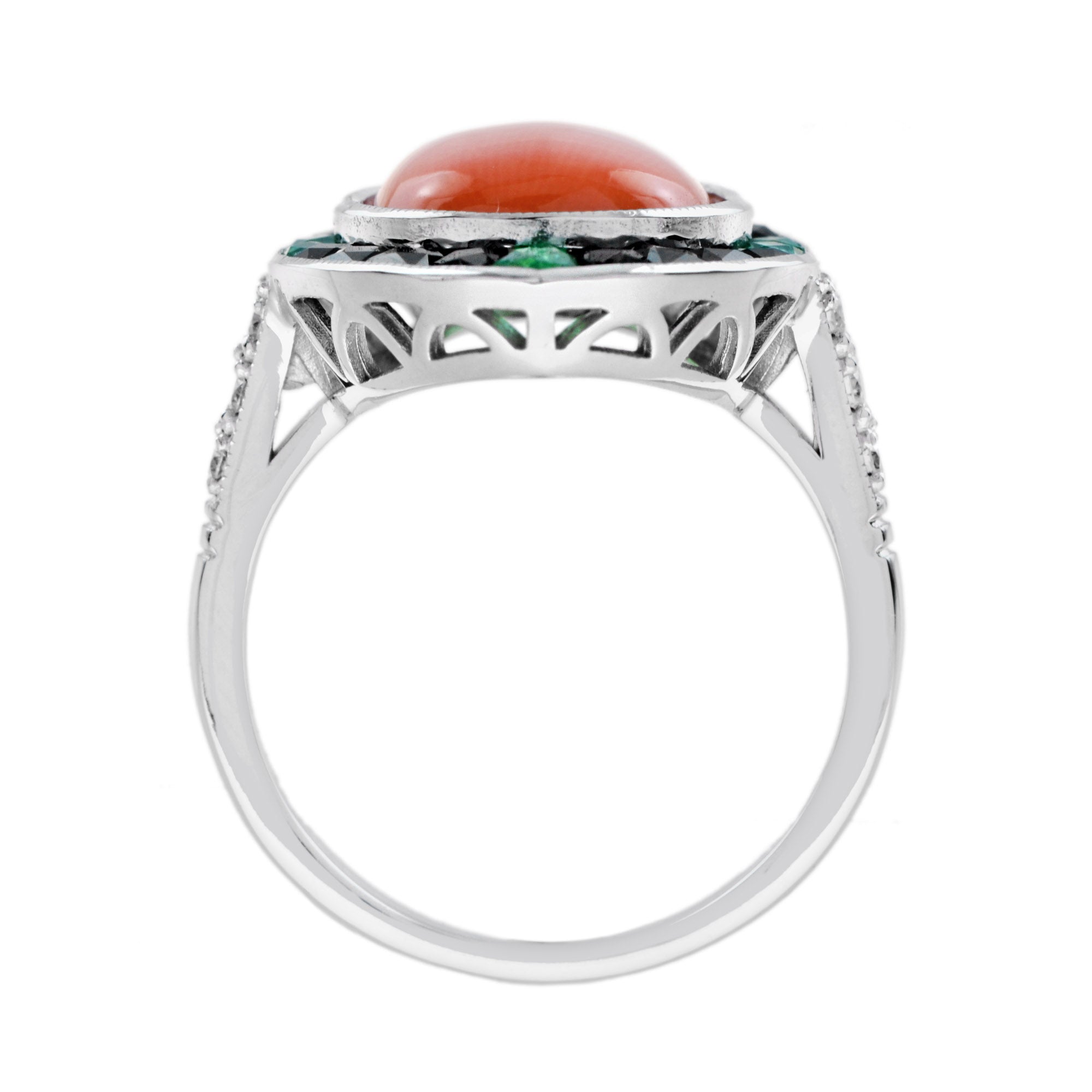 Orange Red Coral Diamond Emerald Black Onyx Art Deco Style 14K White Gold Ring