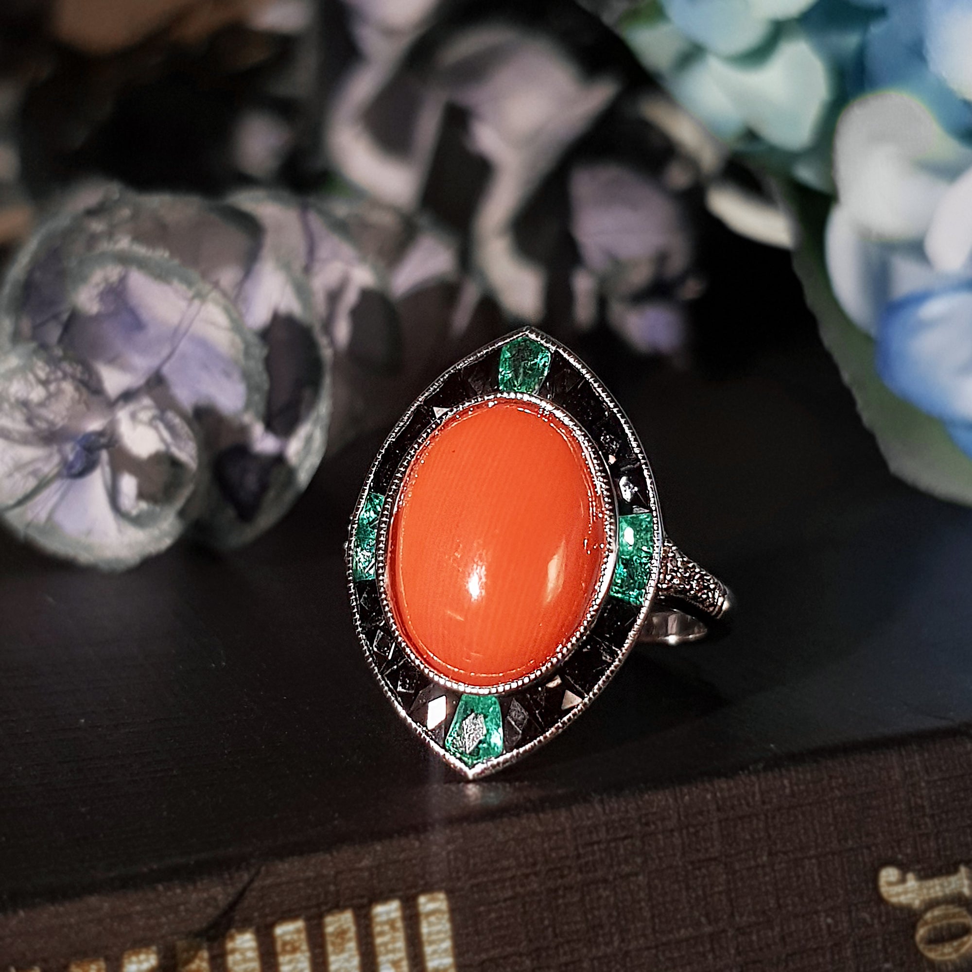 Orange Red Coral Diamond Emerald Black Onyx Art Deco Style 14K White Gold Ring