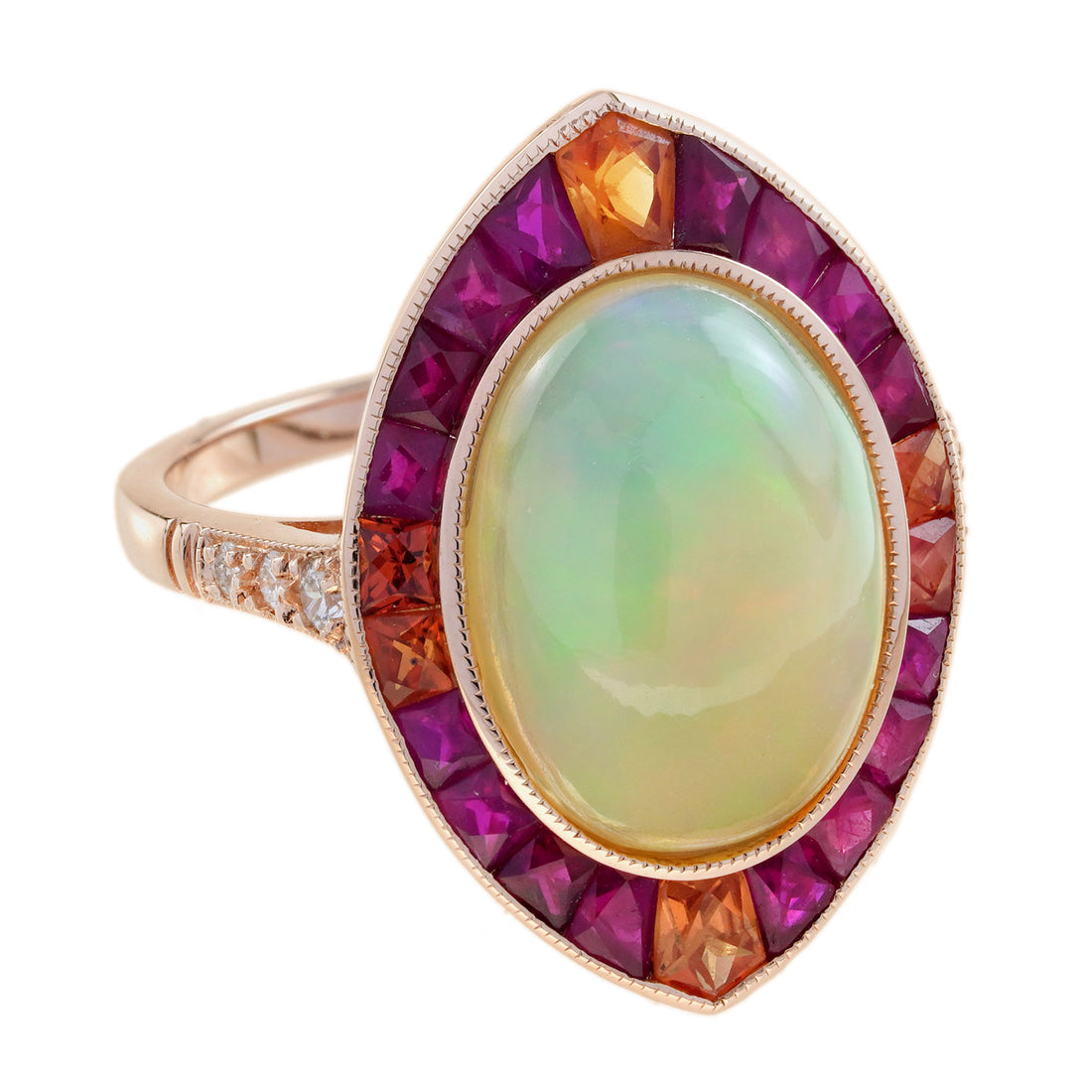 White Ethiopian Opal Orange Sapphire & Ruby Style Cocktail 18K Rose Gold Ring
