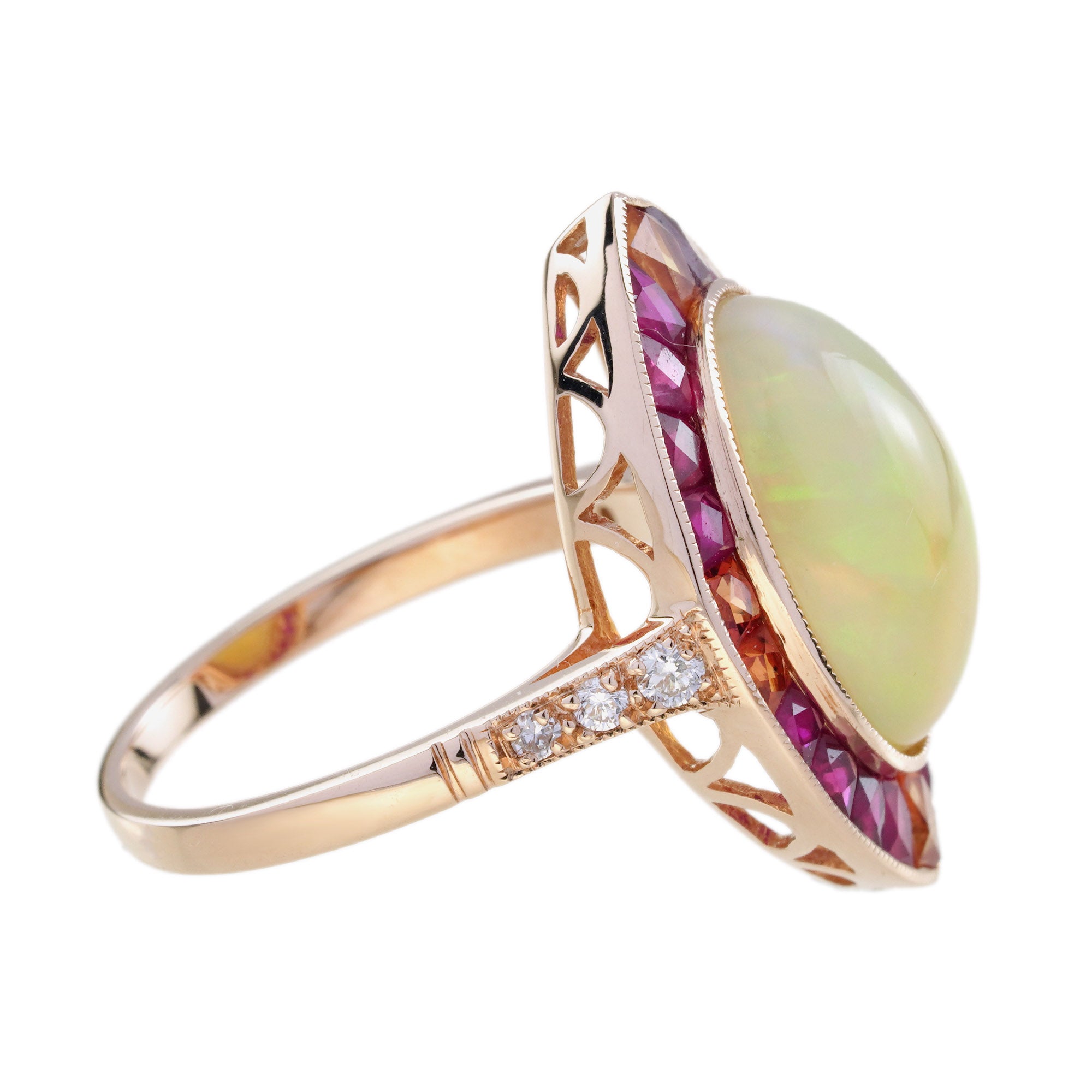 White Ethiopian Opal Orange Sapphire & Ruby Style Cocktail 18K Rose Gold Ring