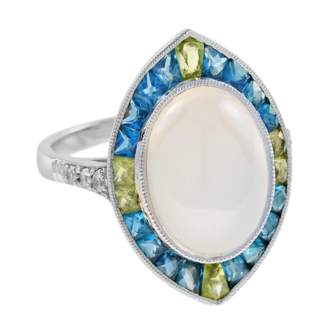 Oval Shape Moonstone Diamond Blue Topaz Peridot Art Deco Style Cocktail Ring