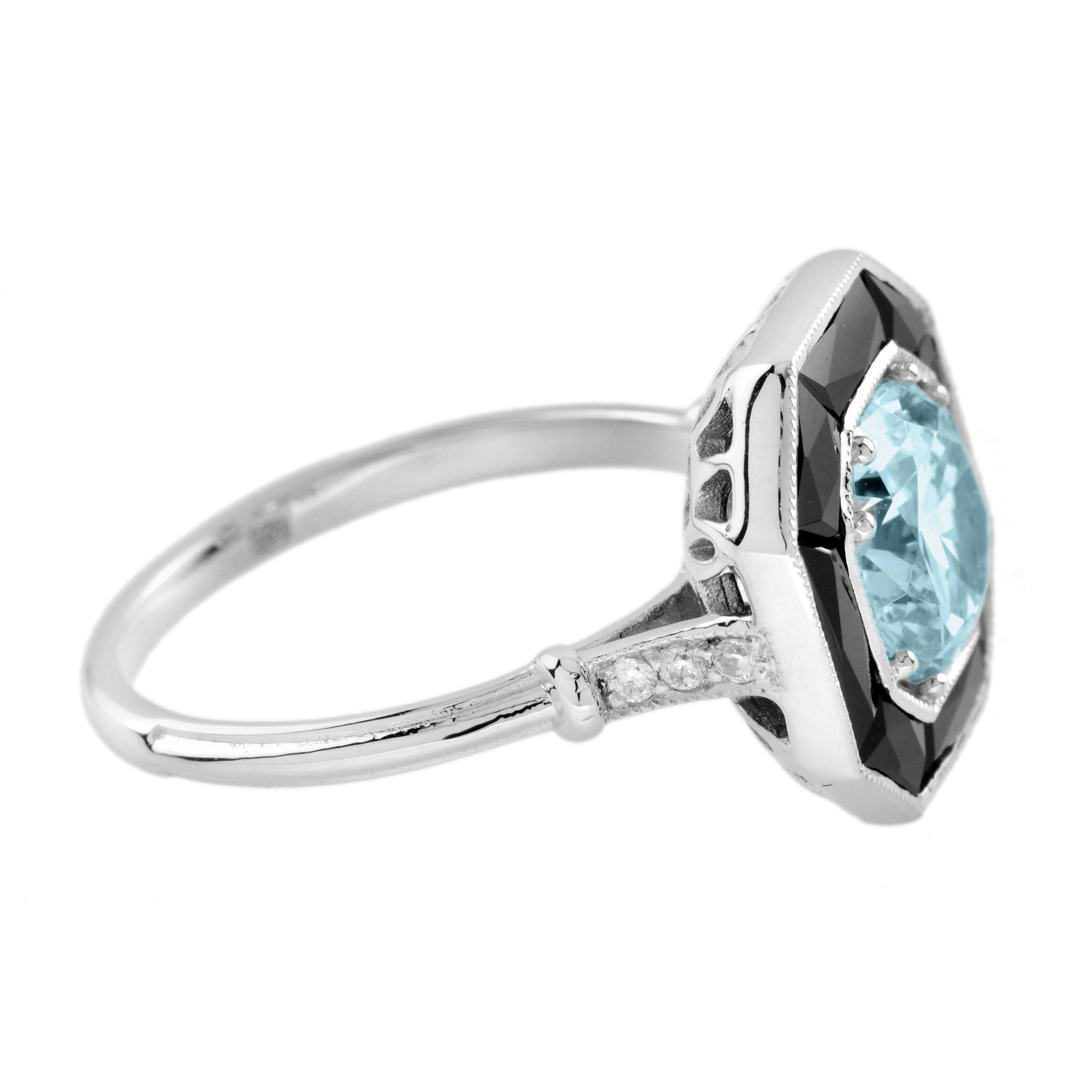 Round Blue Aquamarine & Black Onyx Halo Art Deco Style 14K White Gold Ring