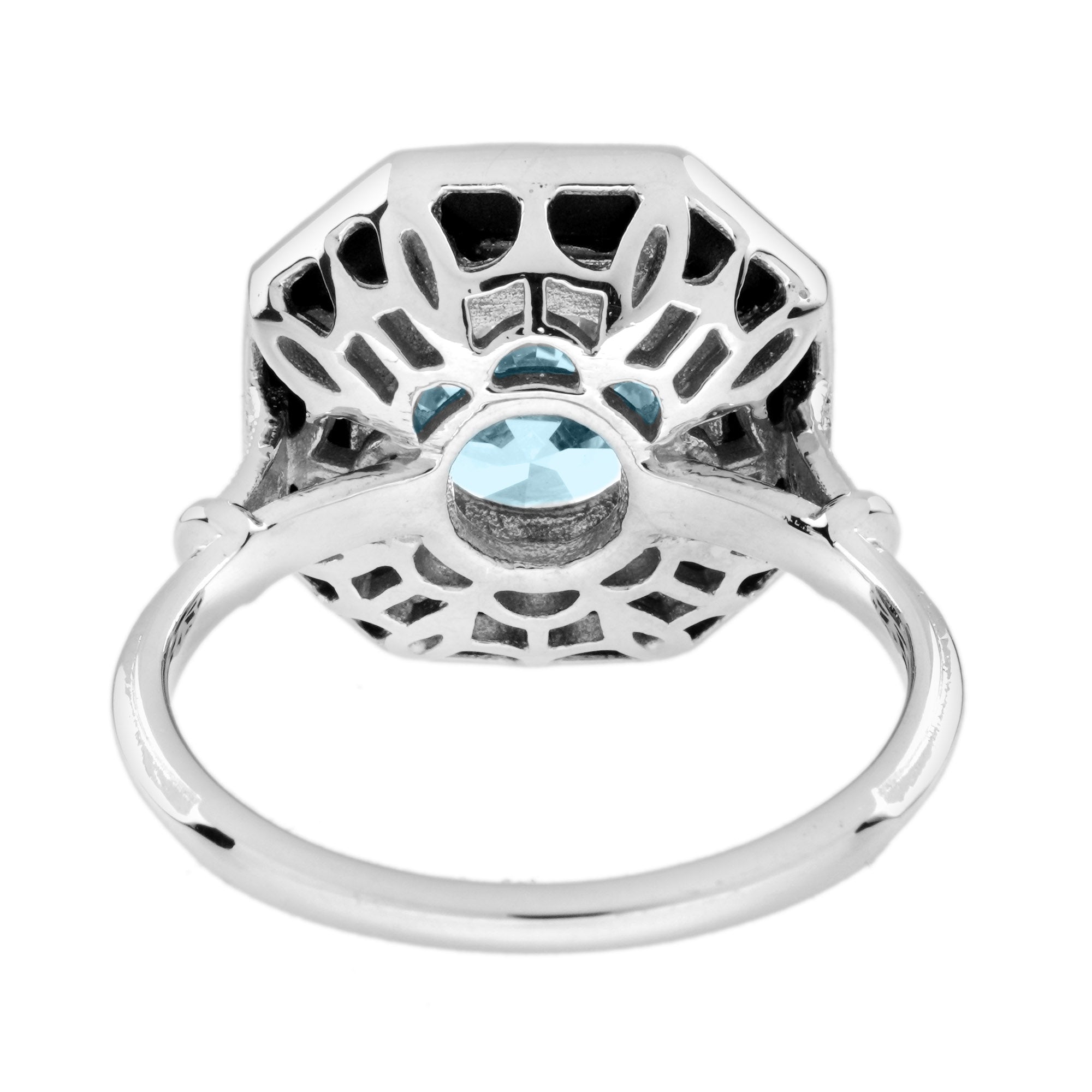 Round Blue Aquamarine & Black Onyx Halo Art Deco Style 14K White Gold Ring