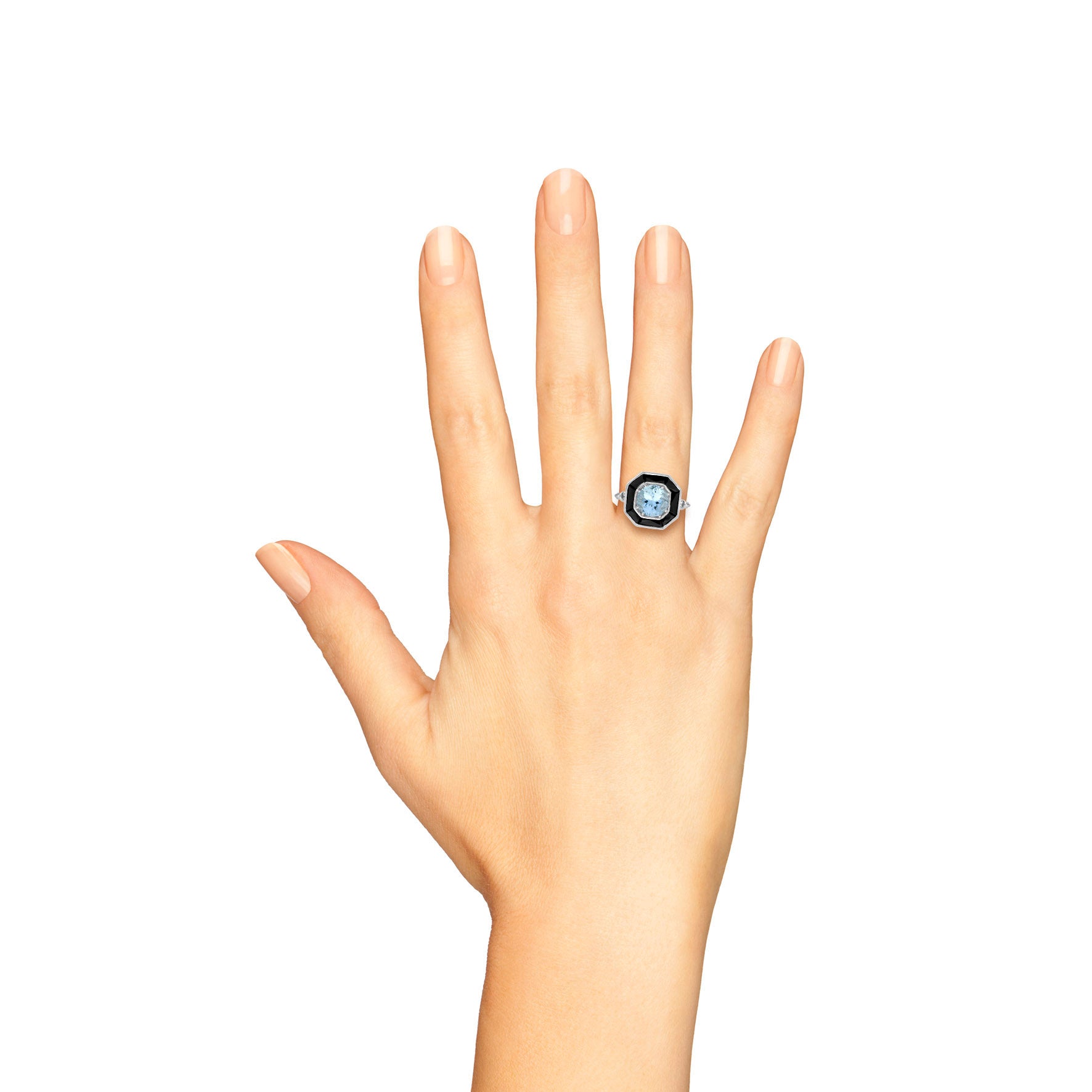 Round Blue Aquamarine & Black Onyx Halo Art Deco Style 14K White Gold Ring